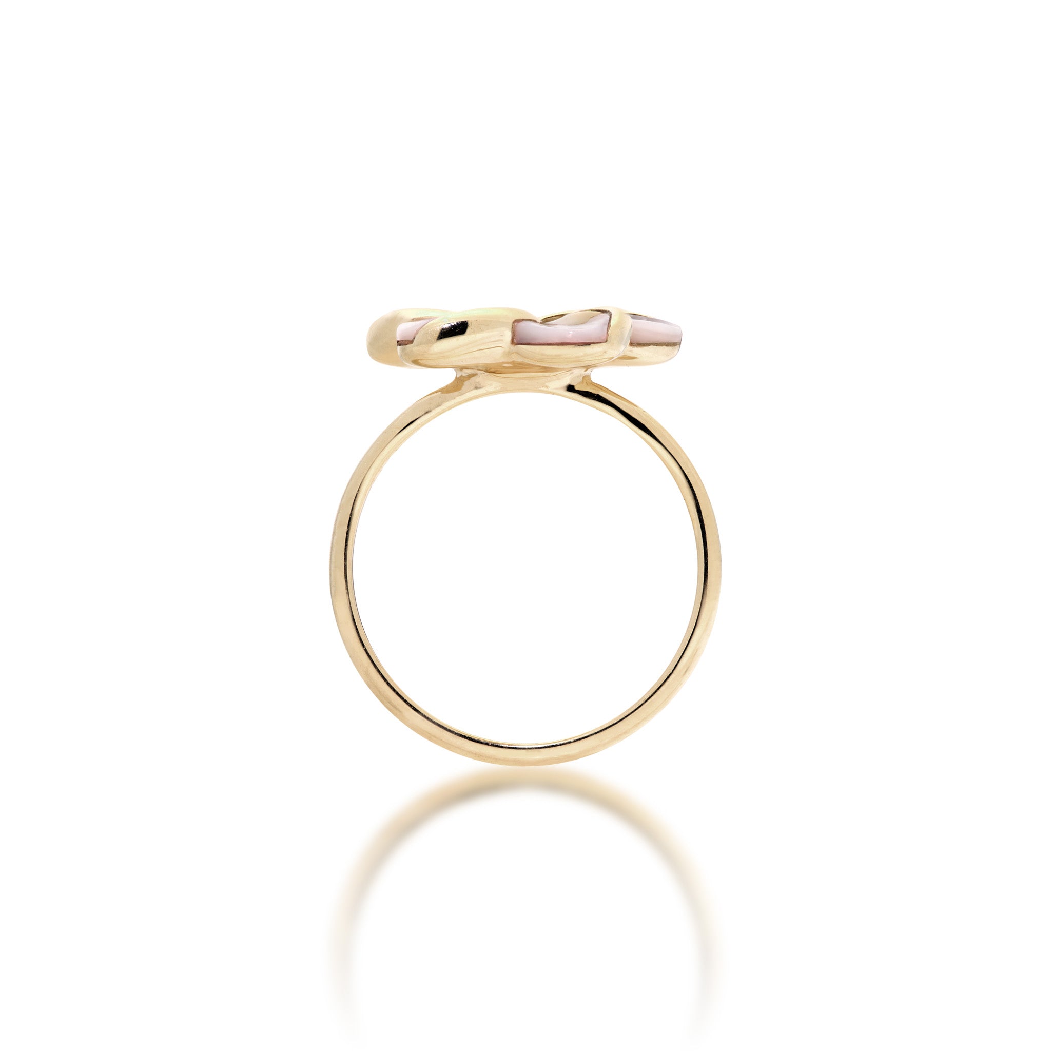 Side View of a 16mm Plumeria Mother of Pearl Ring in 14k Yellow Gold on white background