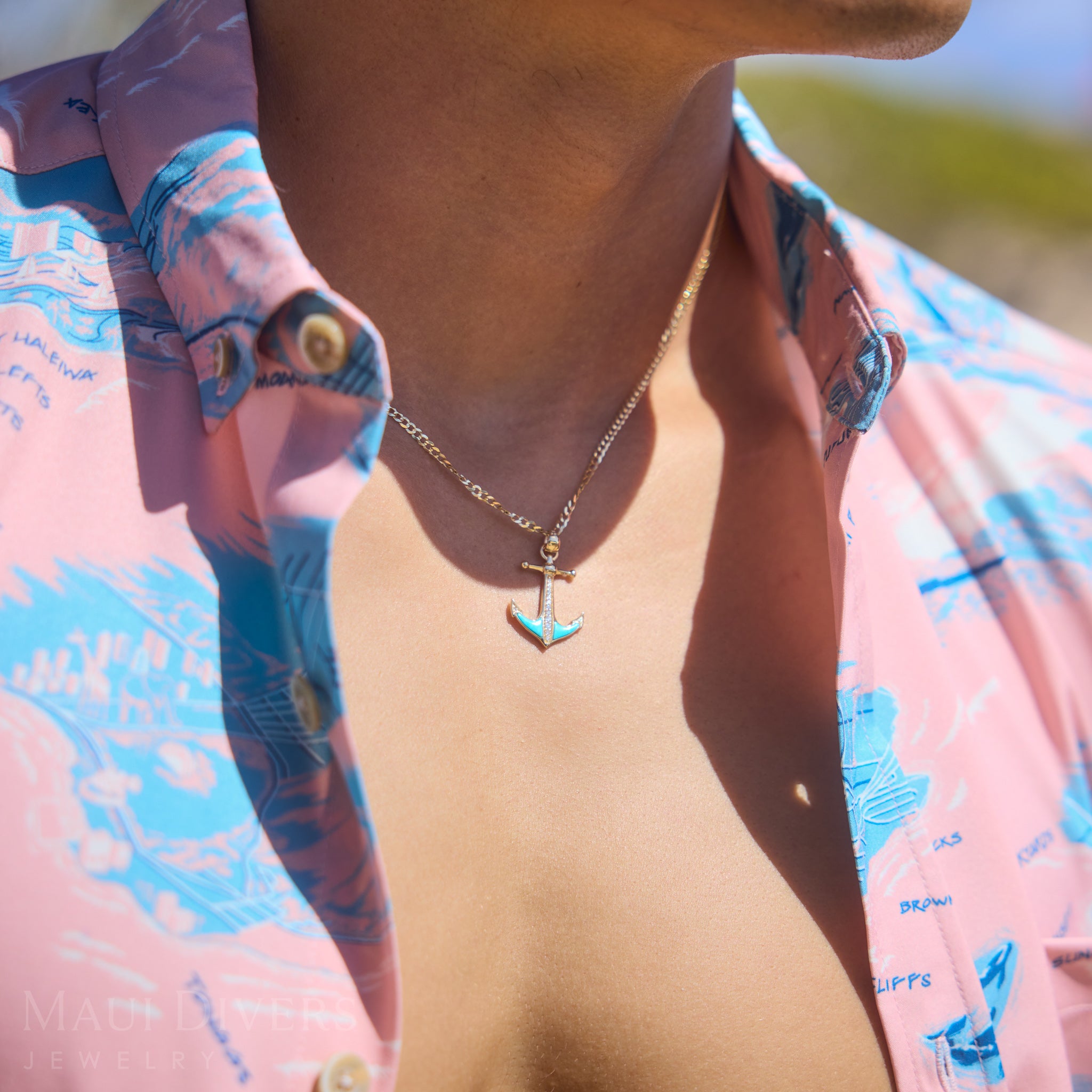 Sealife Anchor Turquoise Pendant in Gold with Diamonds - 28mm