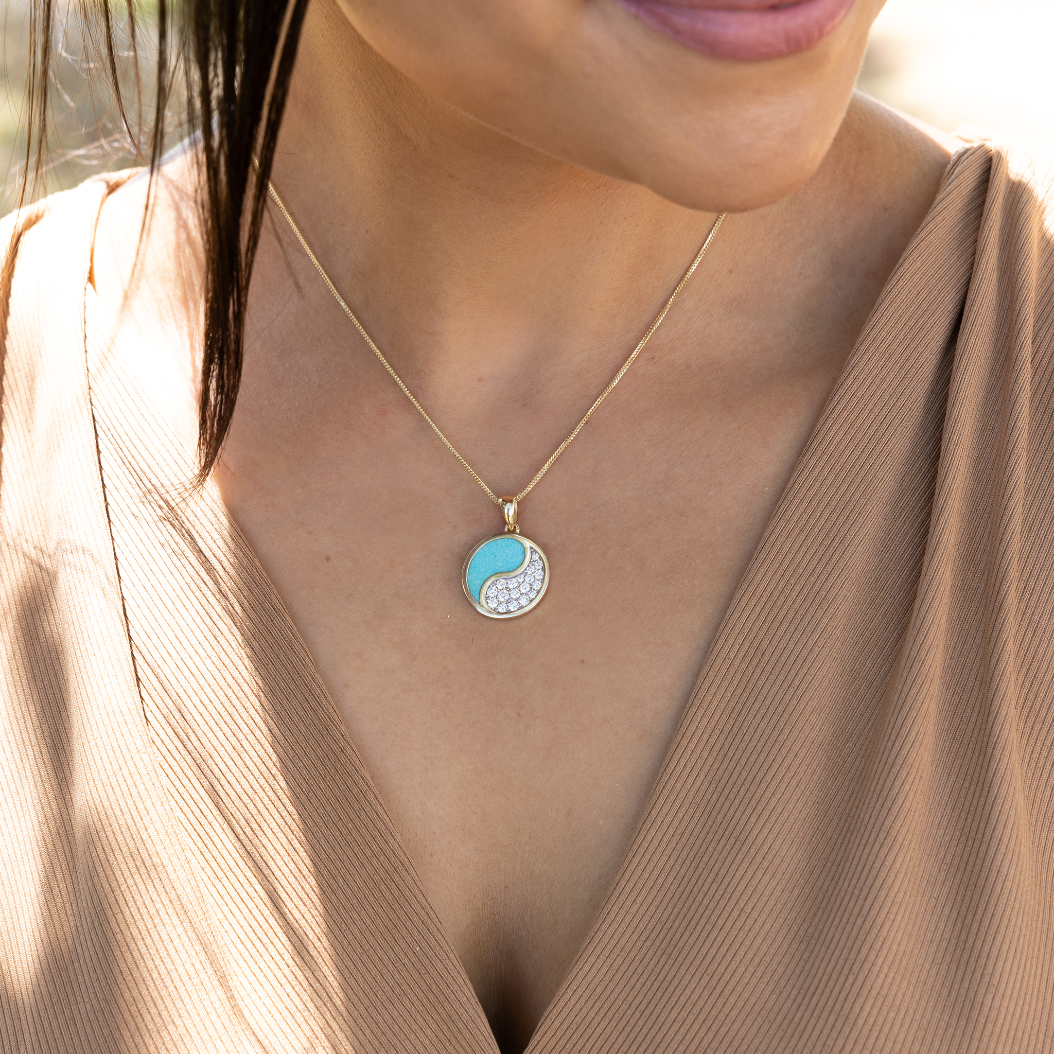 Yin Yang Turquoise Pendant in Gold with Diamonds - 18.5mm