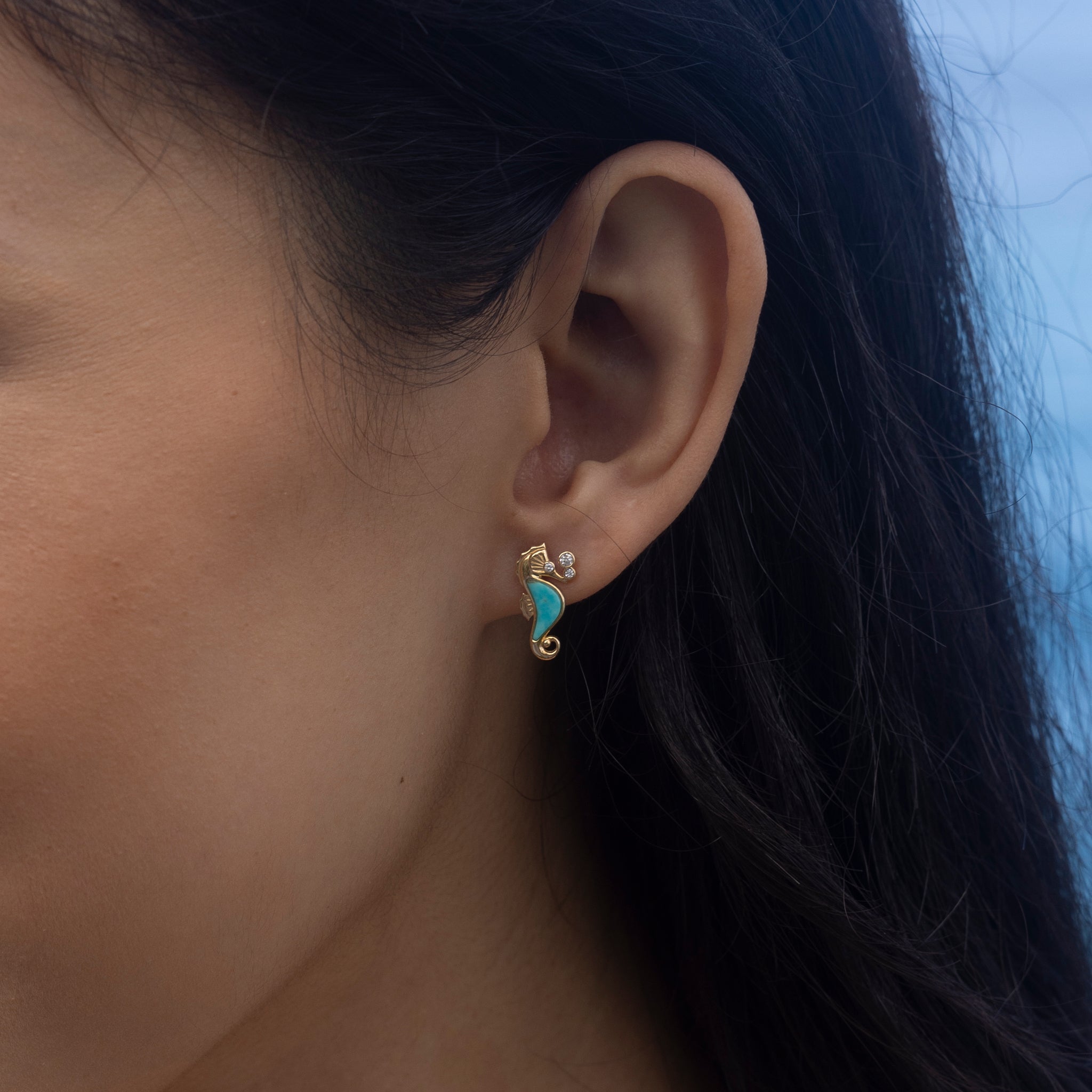 Sealife Seahorse Turquoise Earrings in Gold with Diamonds - 15mm