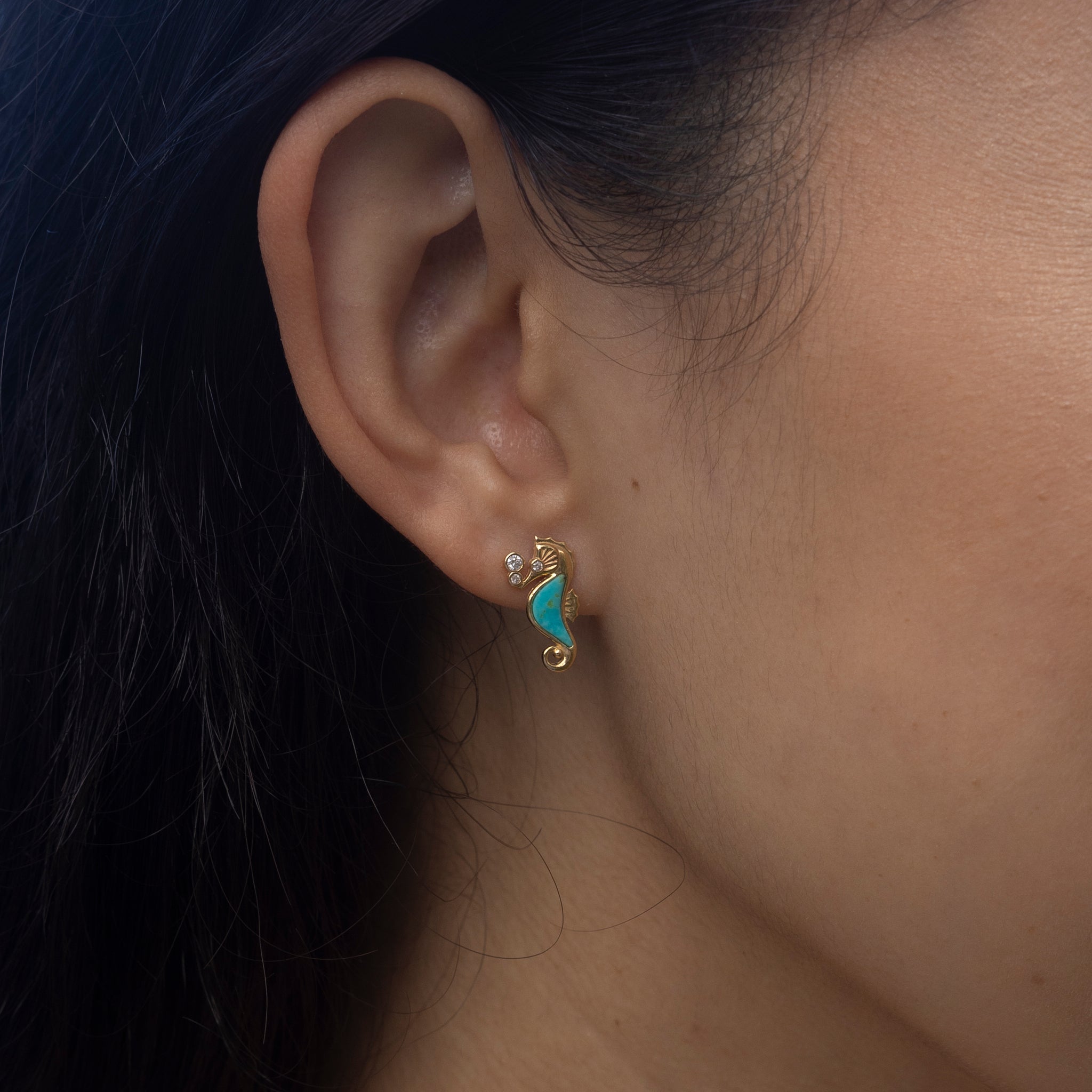 Sealife Seahorse Turquoise Earrings in Gold with Diamonds - 15mm