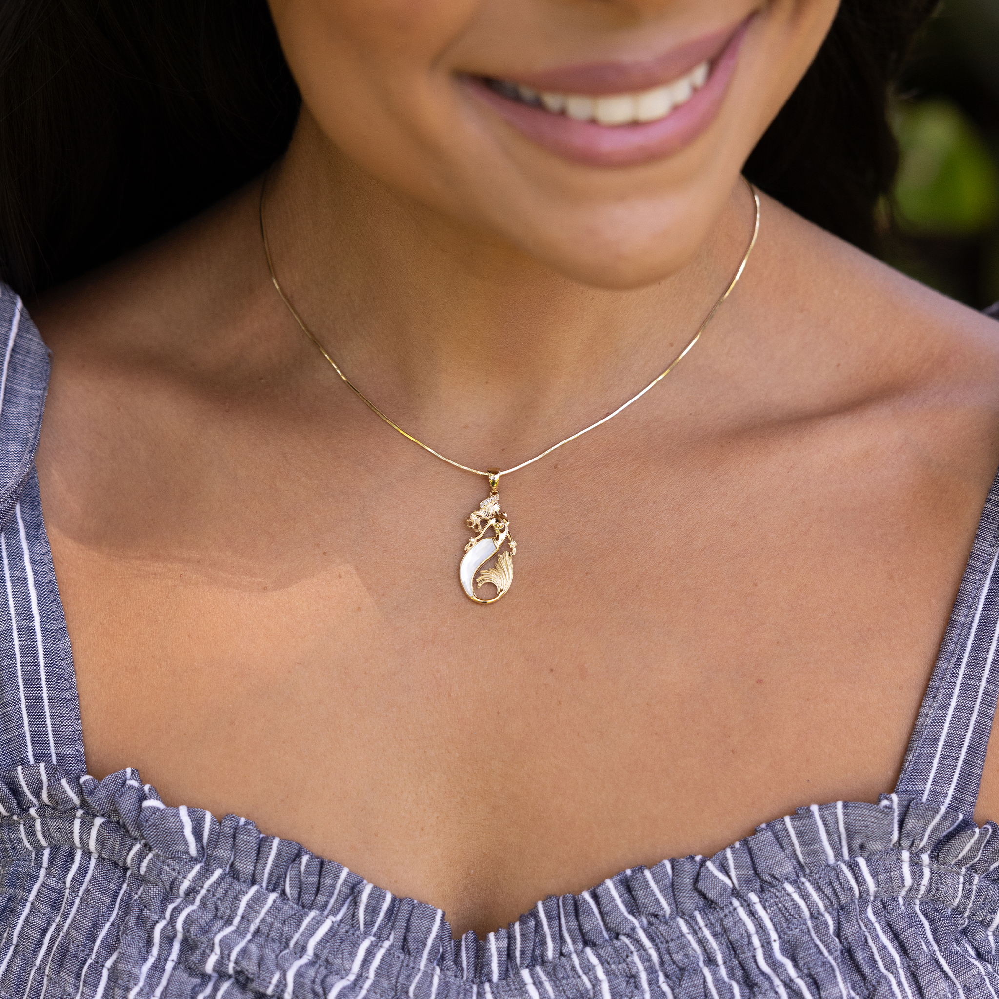 Sealife Mermaid Mother of Pearl Pendant in Gold with Diamonds - 30mm