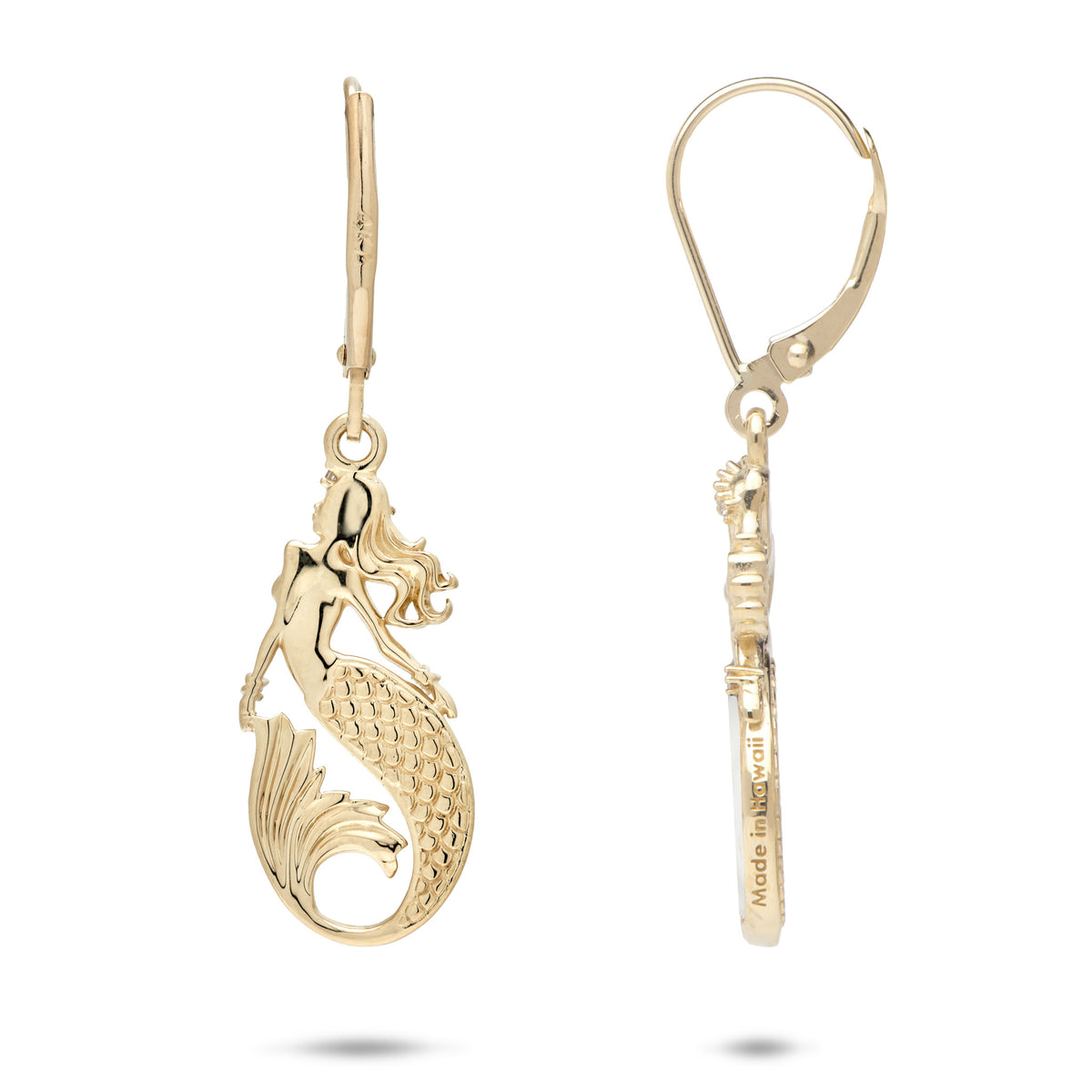 Back view of a 14k yellow gold pair of leverback mermaid earrings with a mermaid scale pattern along the tail, showcasing the back and side view on a white background