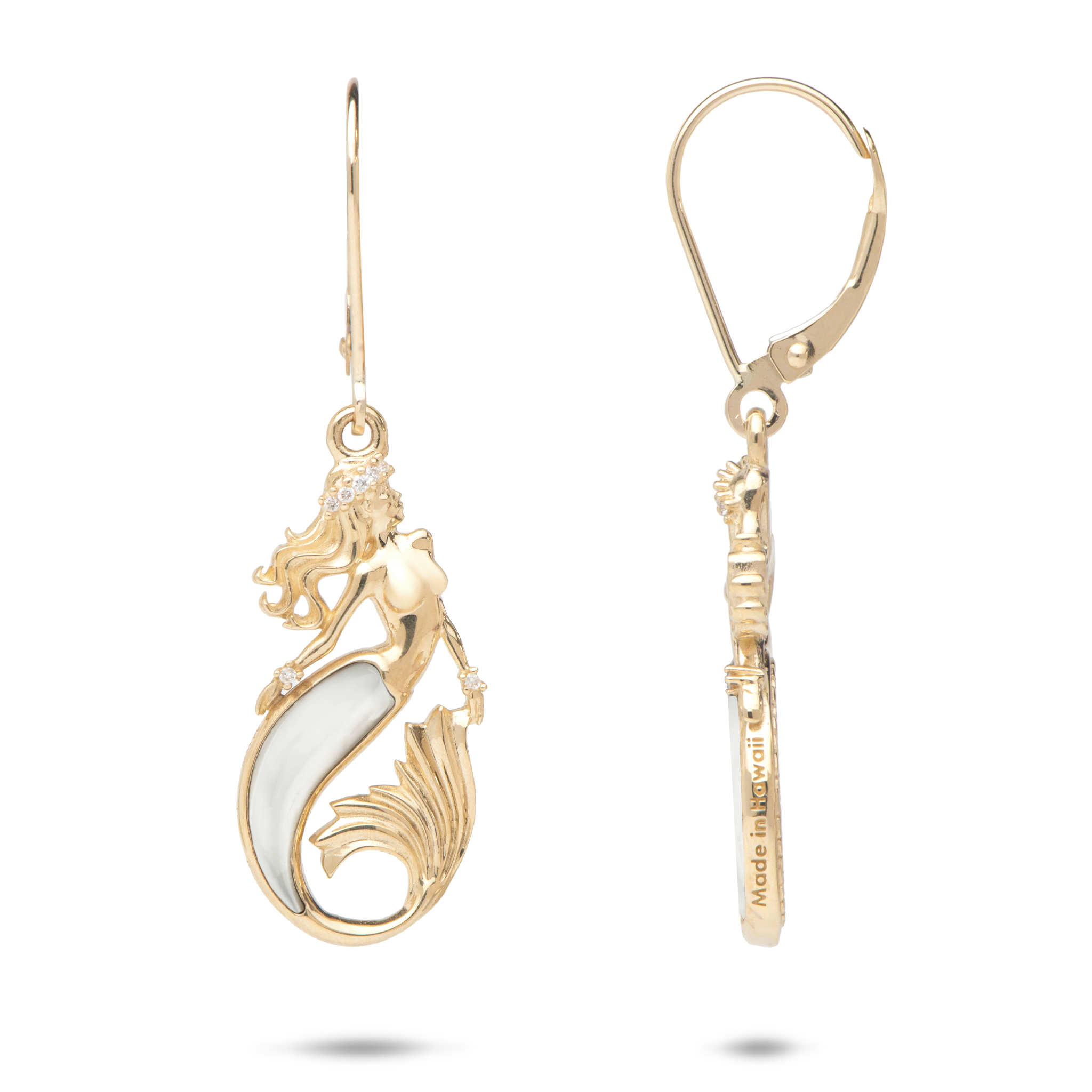Sealife Mermaid Mother of Pearl Earrings in Gold with Diamonds - 24mm