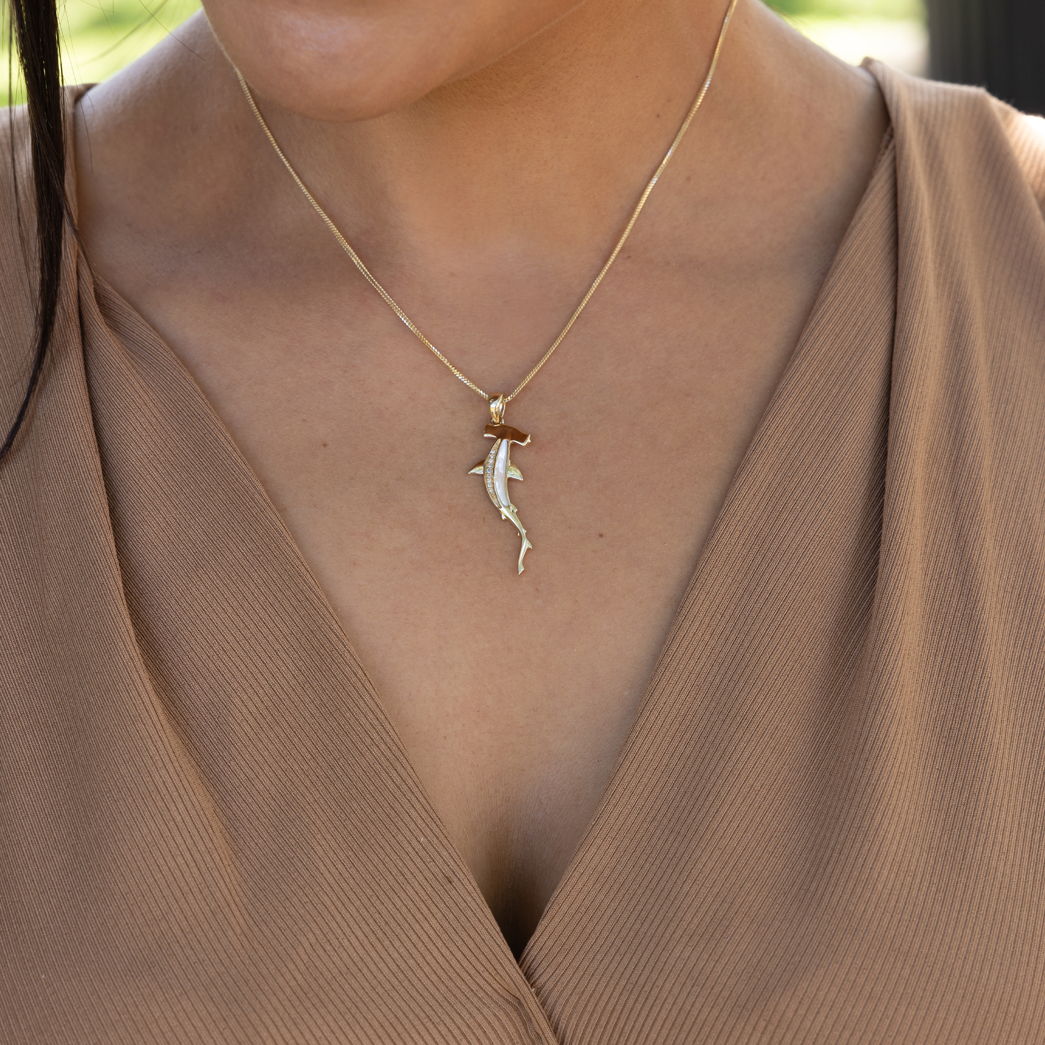 Sealife Hammerhead Shark Mother of Pearl Pendant in Gold with Diamonds - 34mm