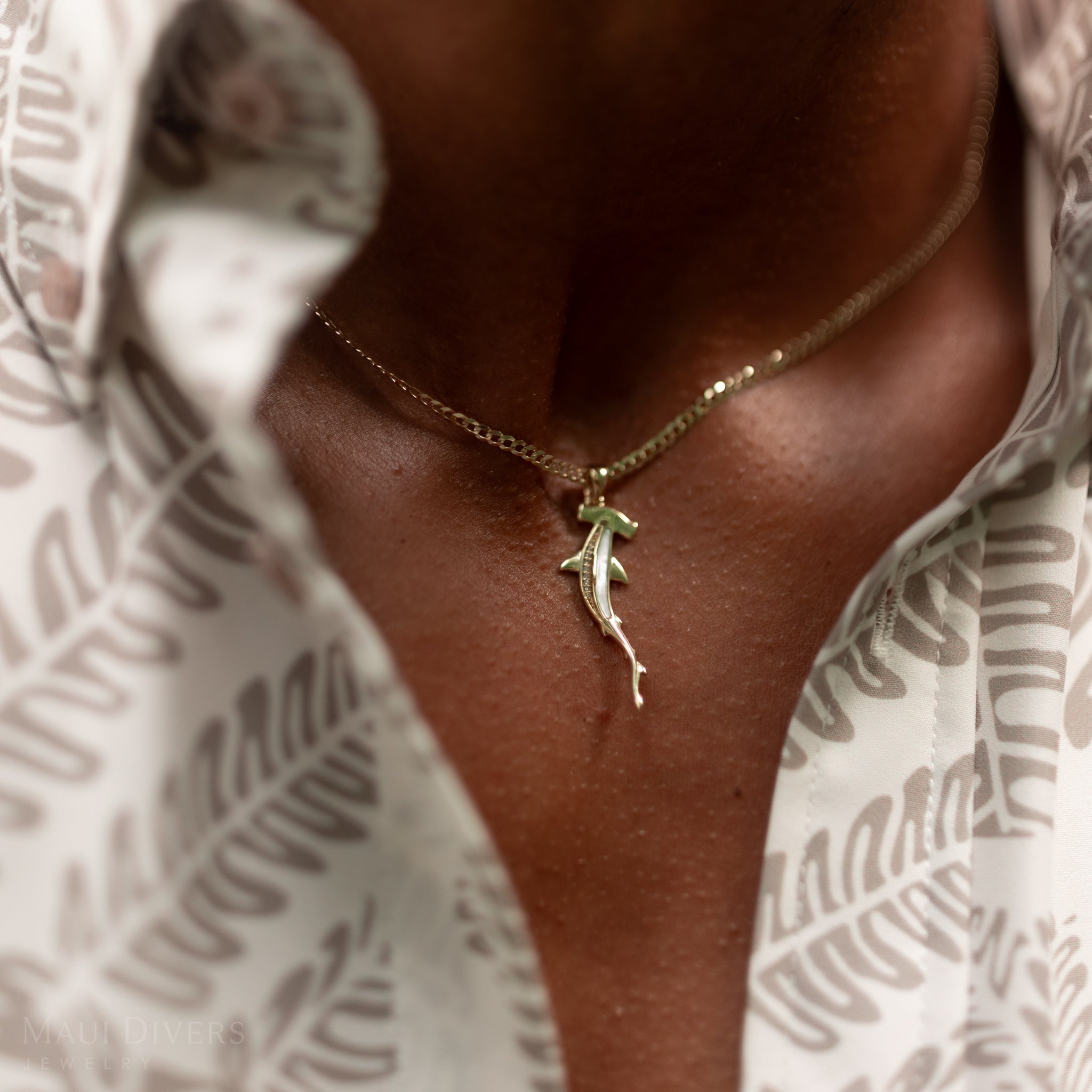 Sealife Hammerhead Shark Mother of Pearl Pendant in Gold with Diamonds - 34mm