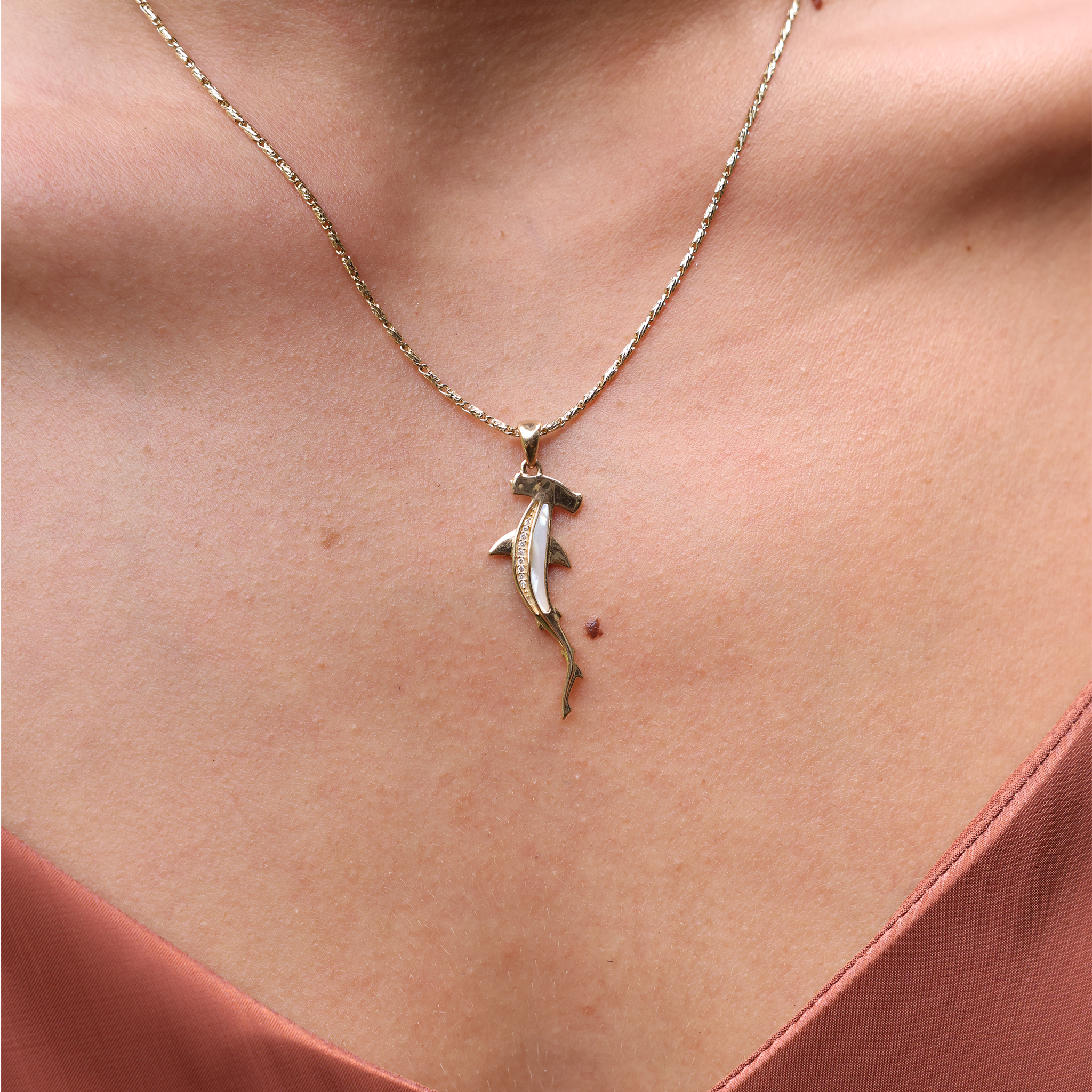 Sealife Hammerhead Shark Mother of Pearl Pendant in Gold with Diamonds - 34mm