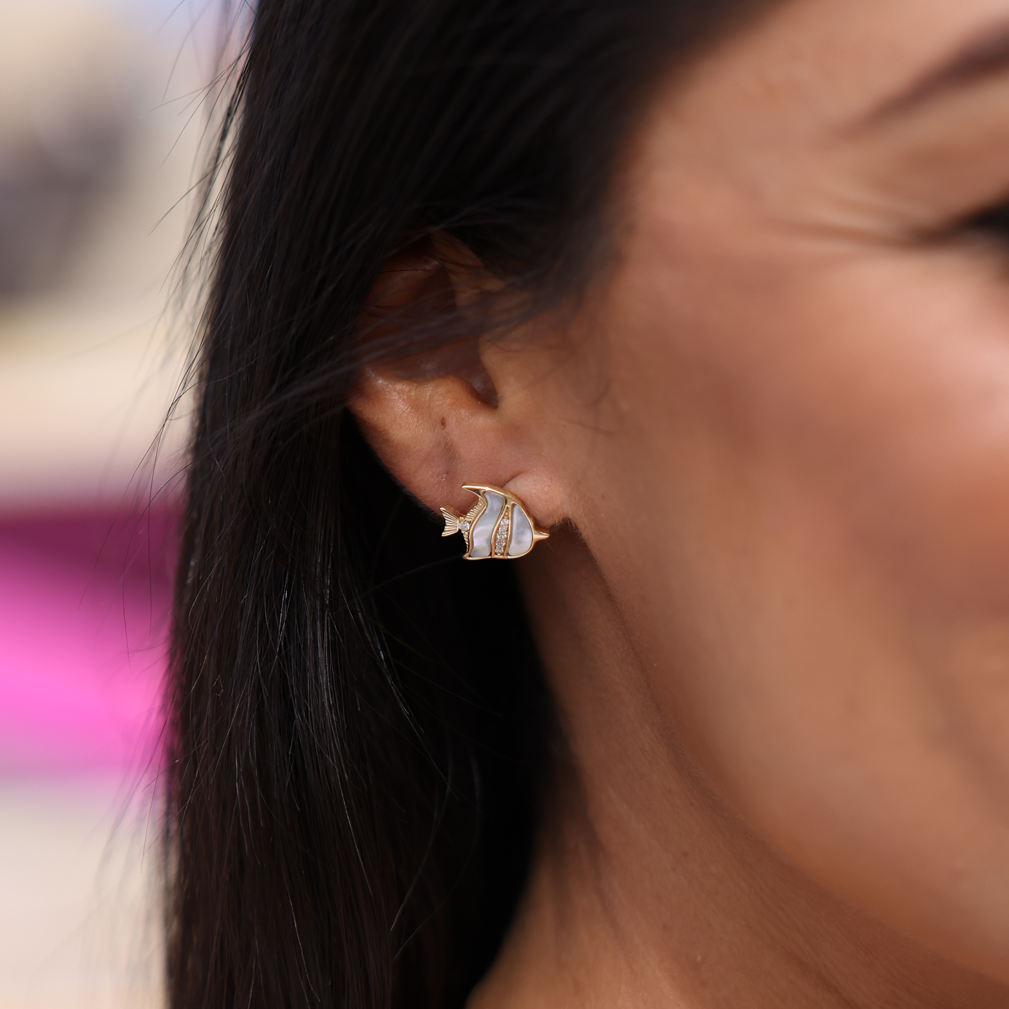 Sealife Angelfish Mother of Pearl Earrings in Gold with Diamonds - 12mm