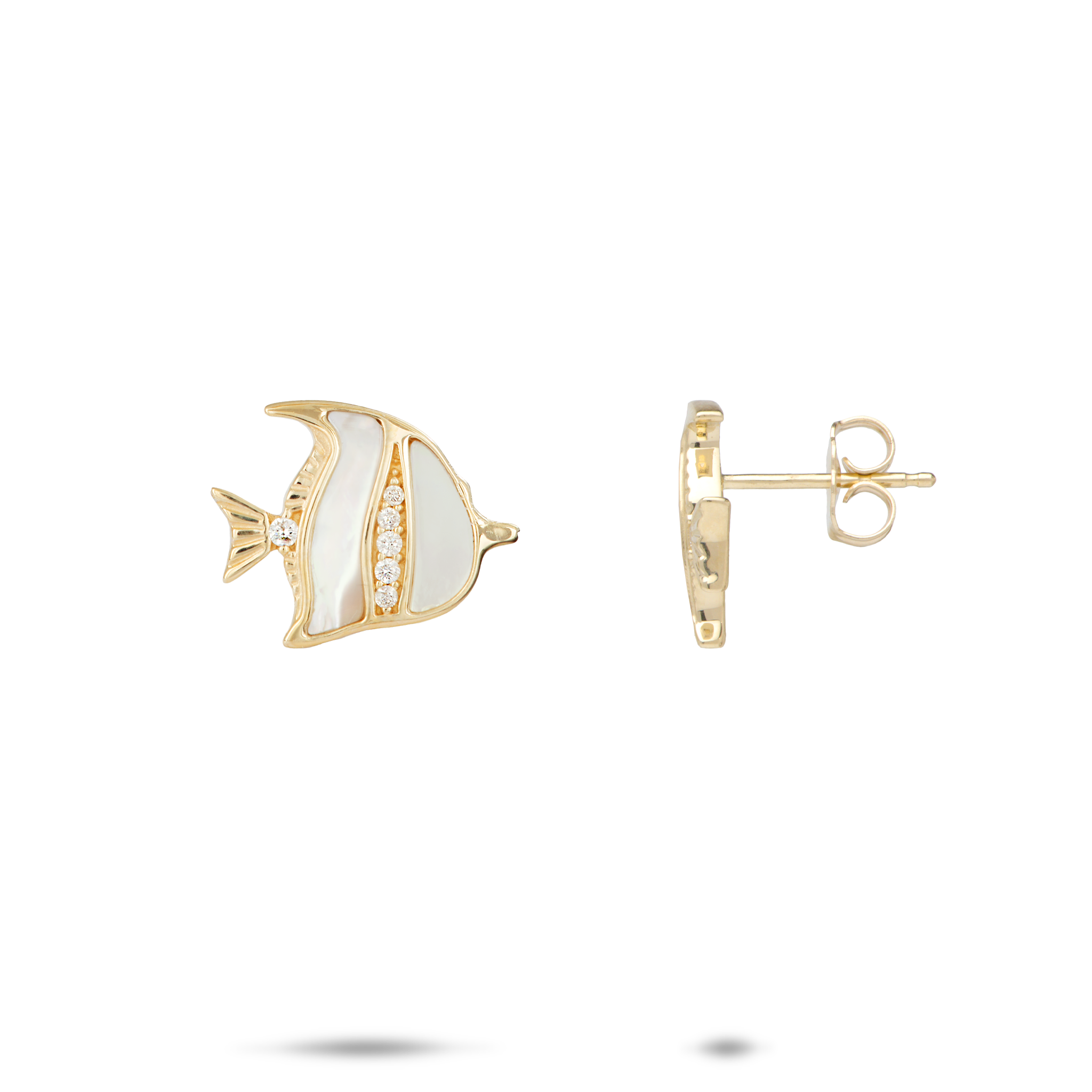 Sealife Angelfish Mother of Pearl Earrings in Gold with Diamonds - 12mm