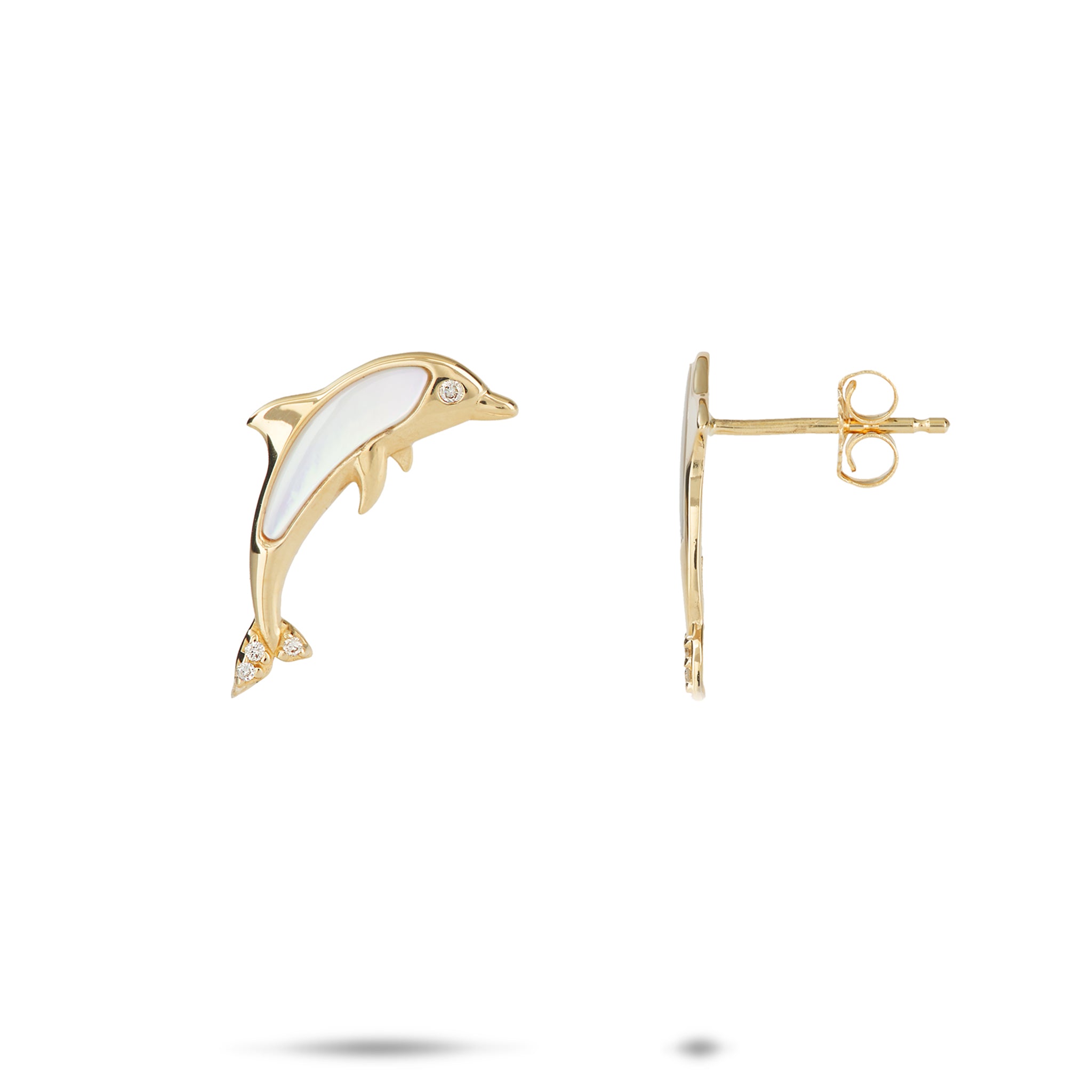Dolphin Mother of Pearl Stud Earrings in Gold with Diamonds