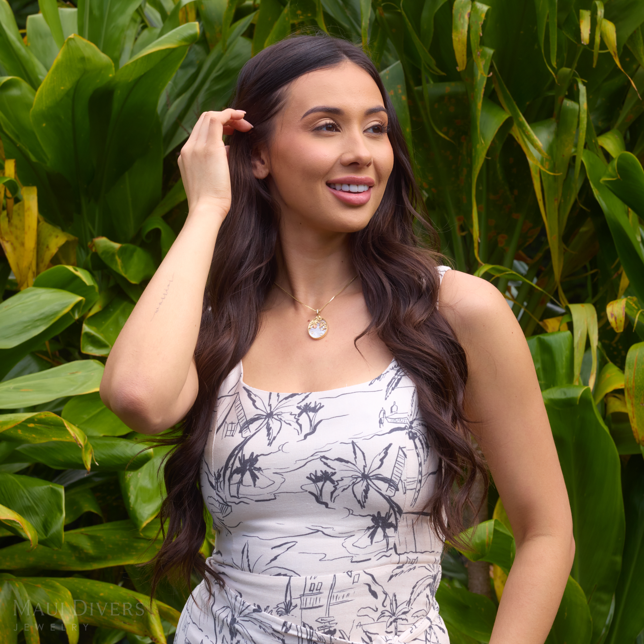 ʻŌhiʻa Lehua Waterfall Mother of Pearl Pendant in Two Tone Gold with Diamonds