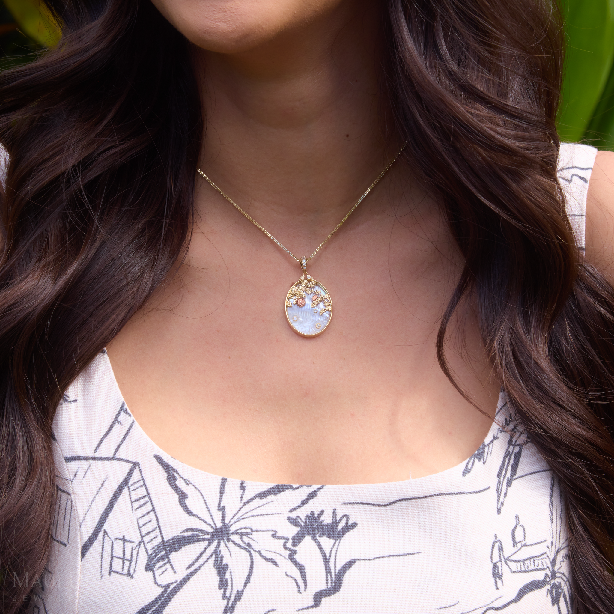 ʻŌhiʻa Lehua Waterfall Mother of Pearl Pendant in Two Tone Gold with Diamonds
