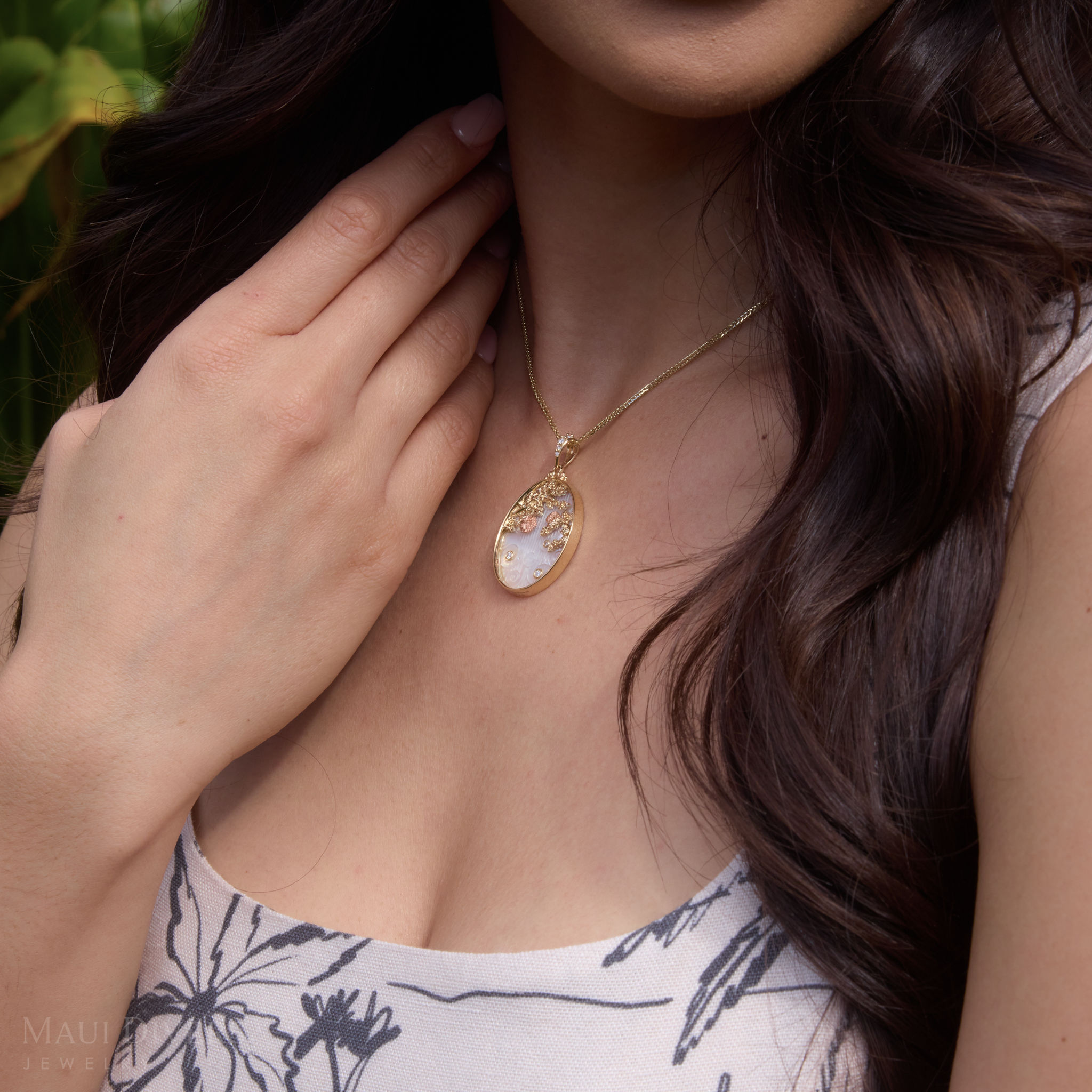 ʻŌhiʻa Lehua Waterfall Mother of Pearl Pendant in Two Tone Gold with Diamonds