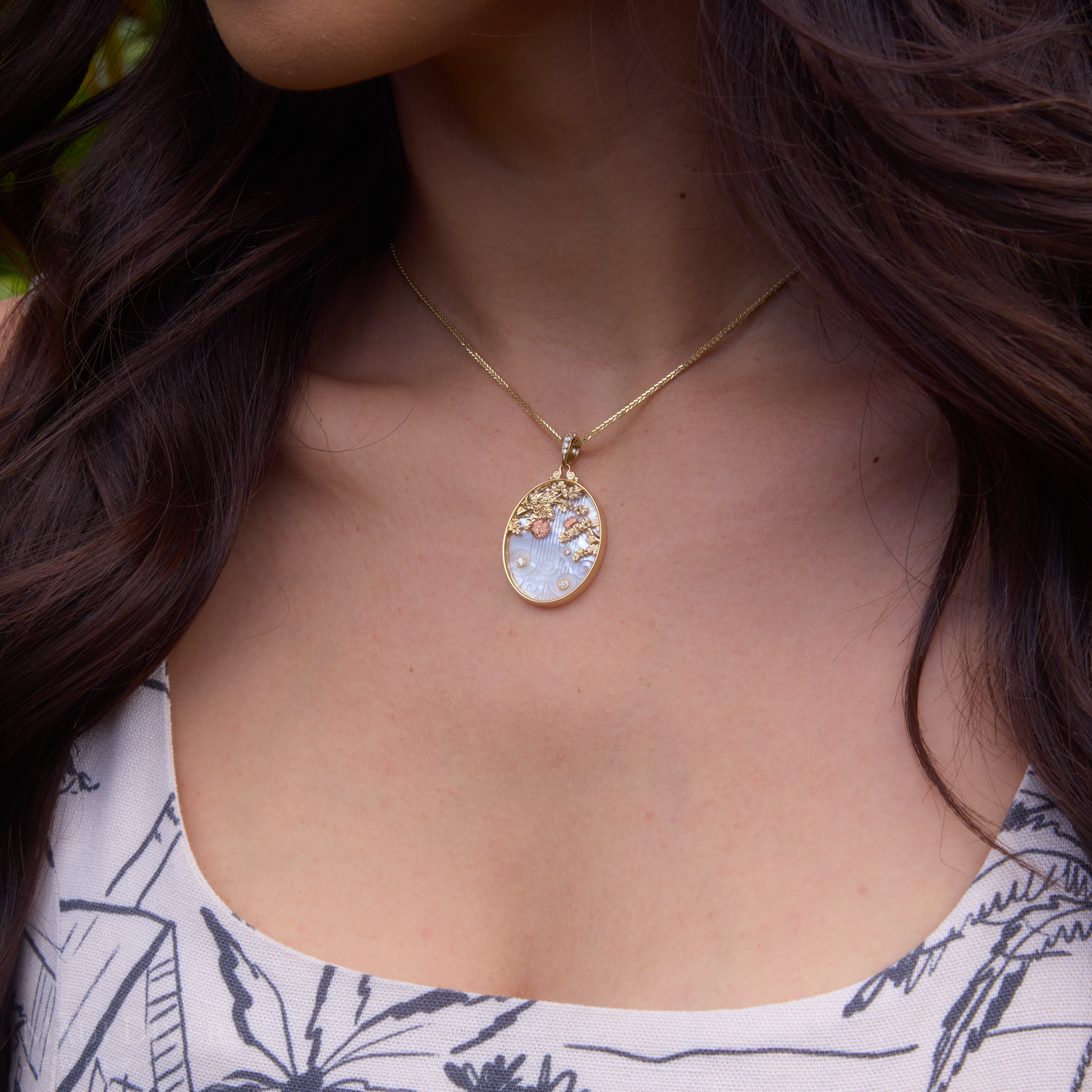 ʻŌhiʻa Lehua Waterfall Mother of Pearl Pendant in Two Tone Gold with Diamonds