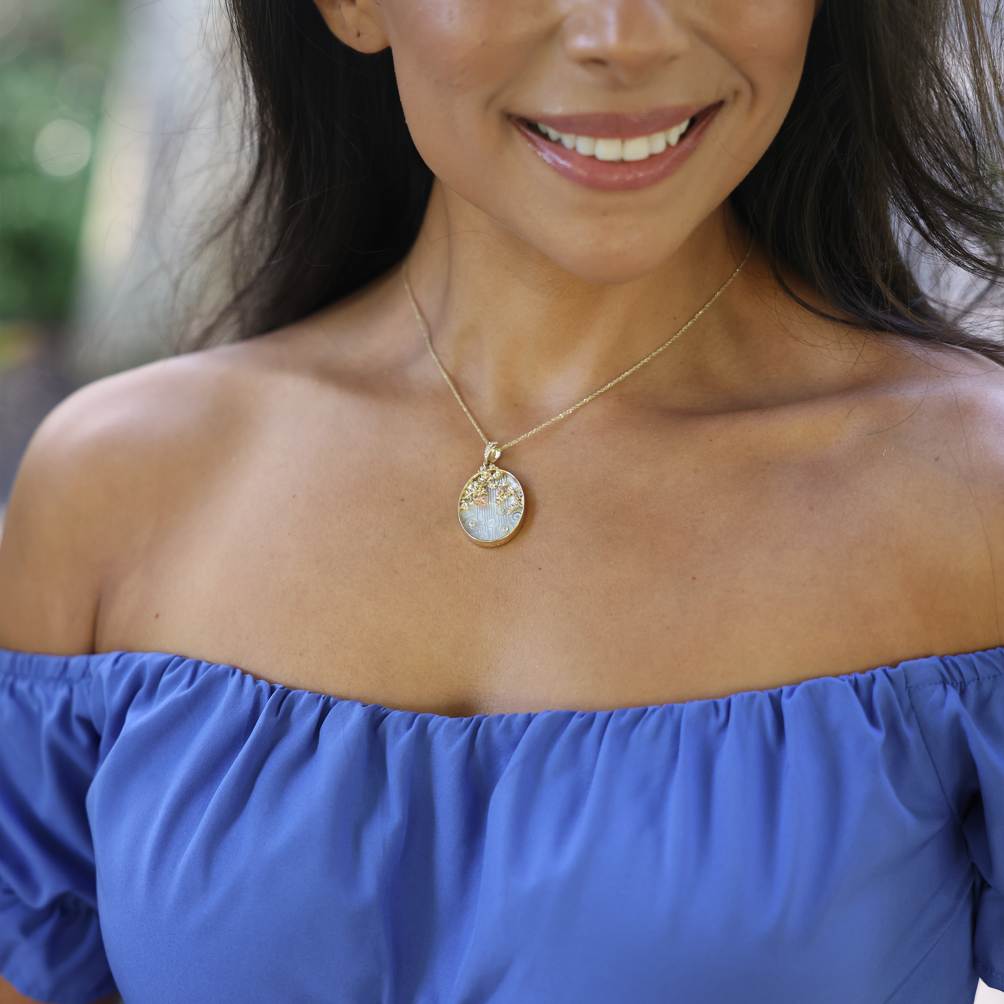 ʻŌhiʻa Lehua Waterfall Mother of Pearl Pendant in Two Tone Gold with Diamonds