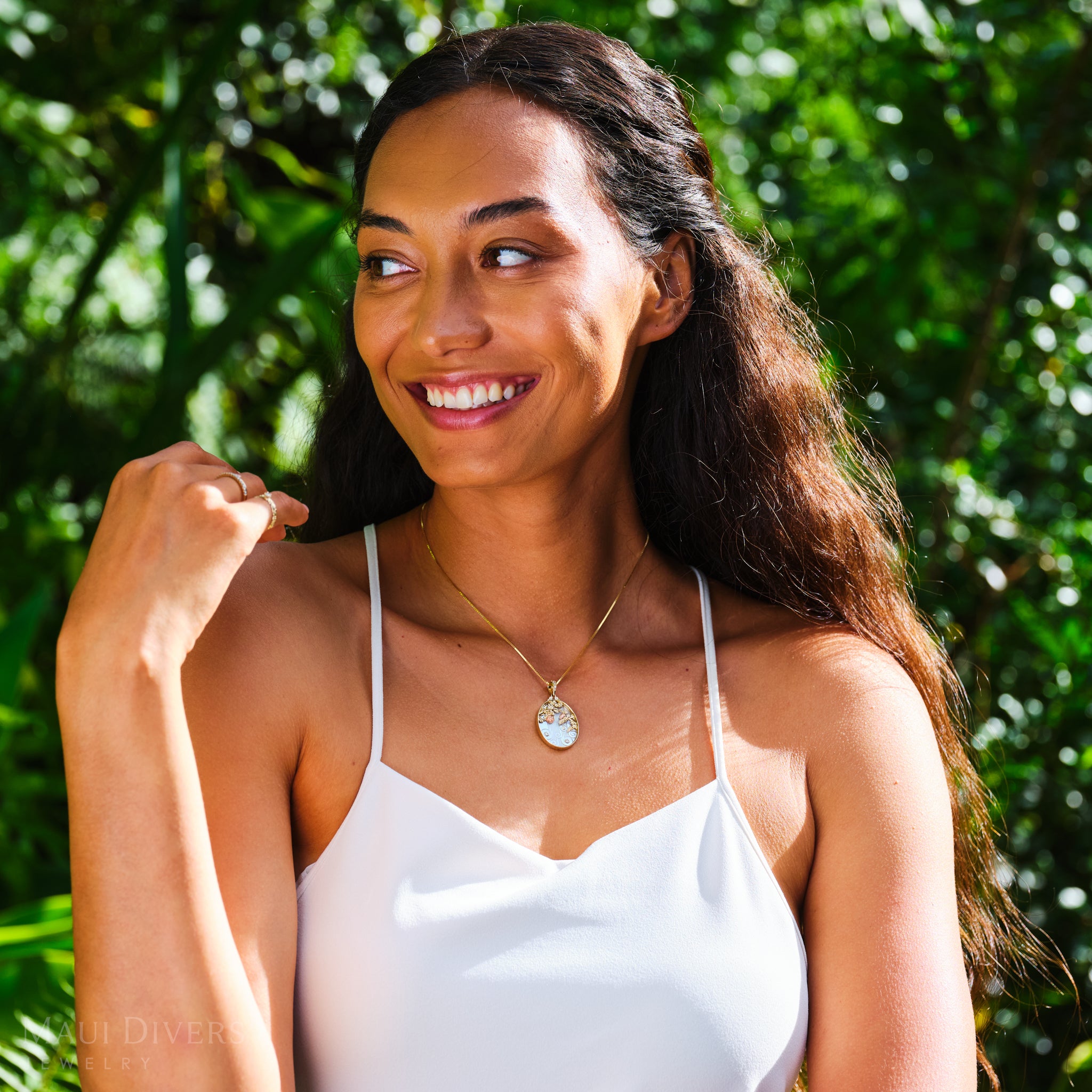 ʻŌhiʻa Lehua Waterfall Mother of Pearl Pendant in Two Tone Gold with Diamonds