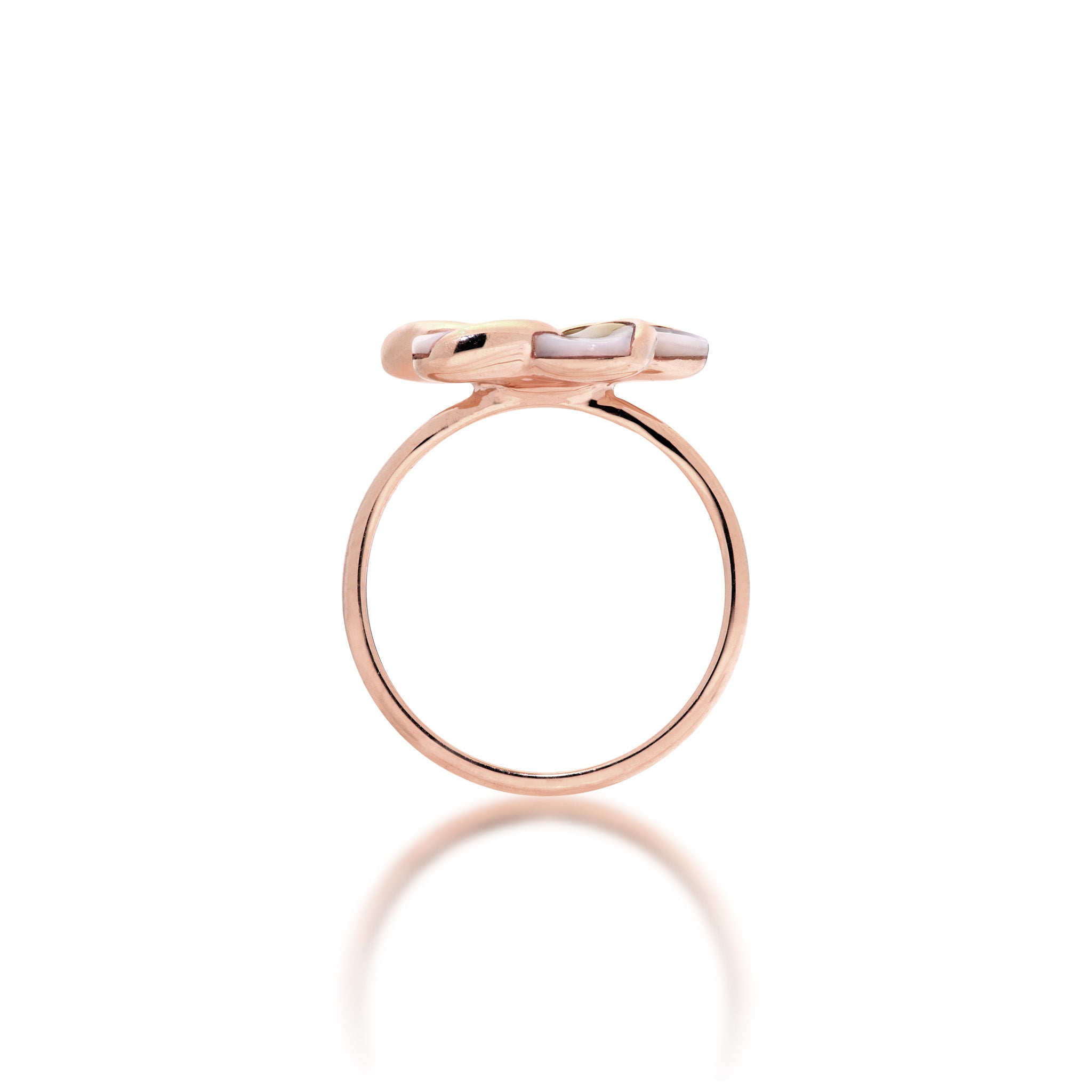 Side View of a 16mm Plumeria Mother of Pearl Ring in 14k Rose Gold on white background