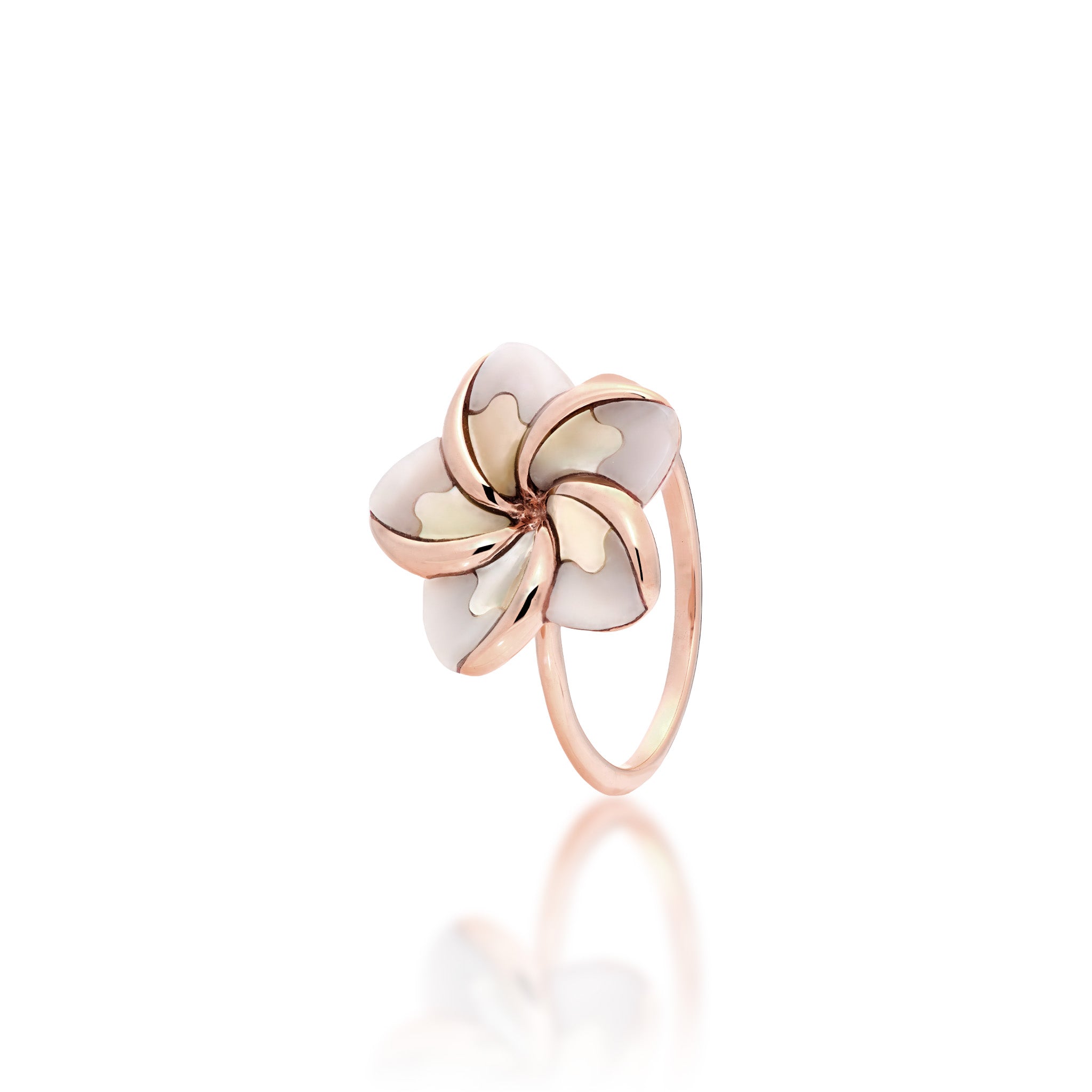 16mm Plumeria Mother of Pearl Ring in 14k Rose Gold on white background