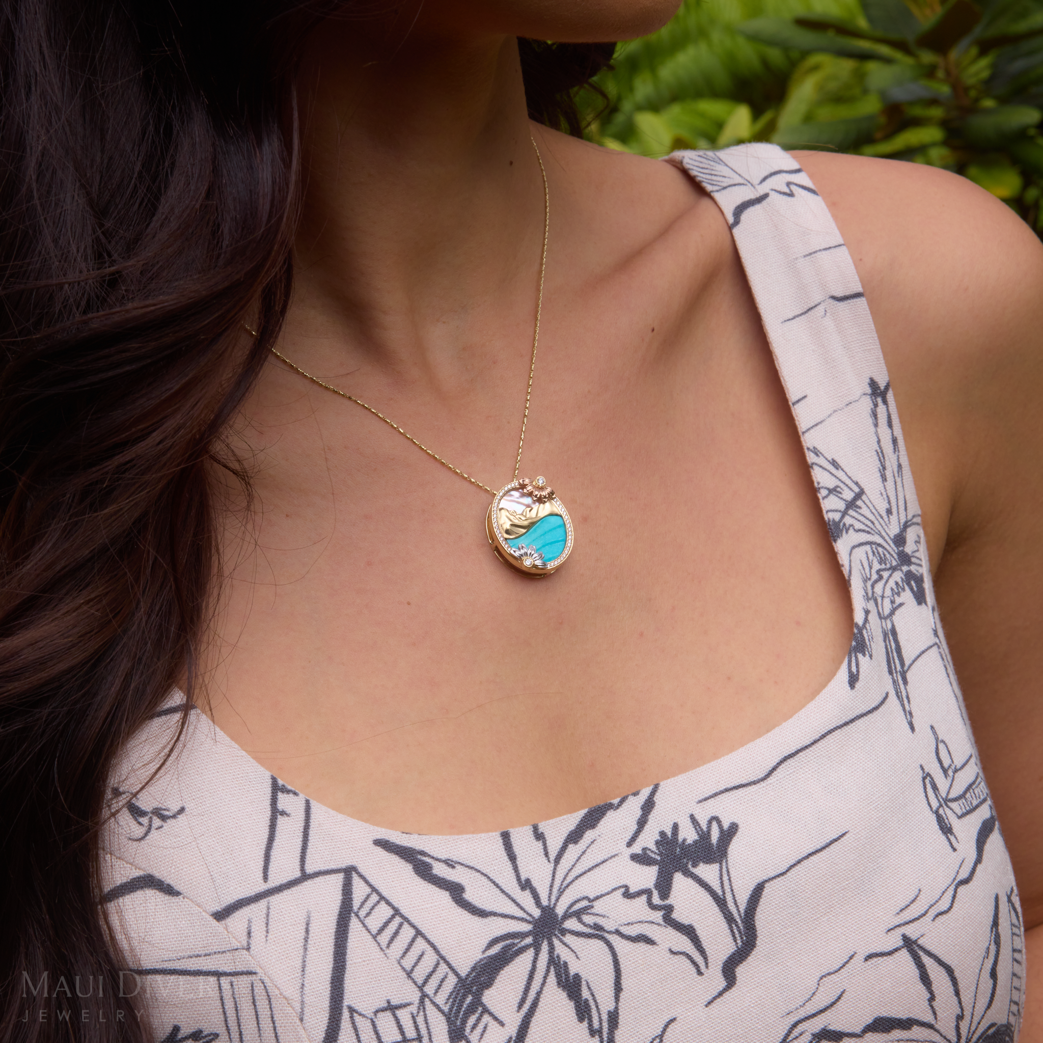 Beach & Mountain Naupaka Turquoise & Mother of Pearl Pendant in Tri Color Gold with Diamonds