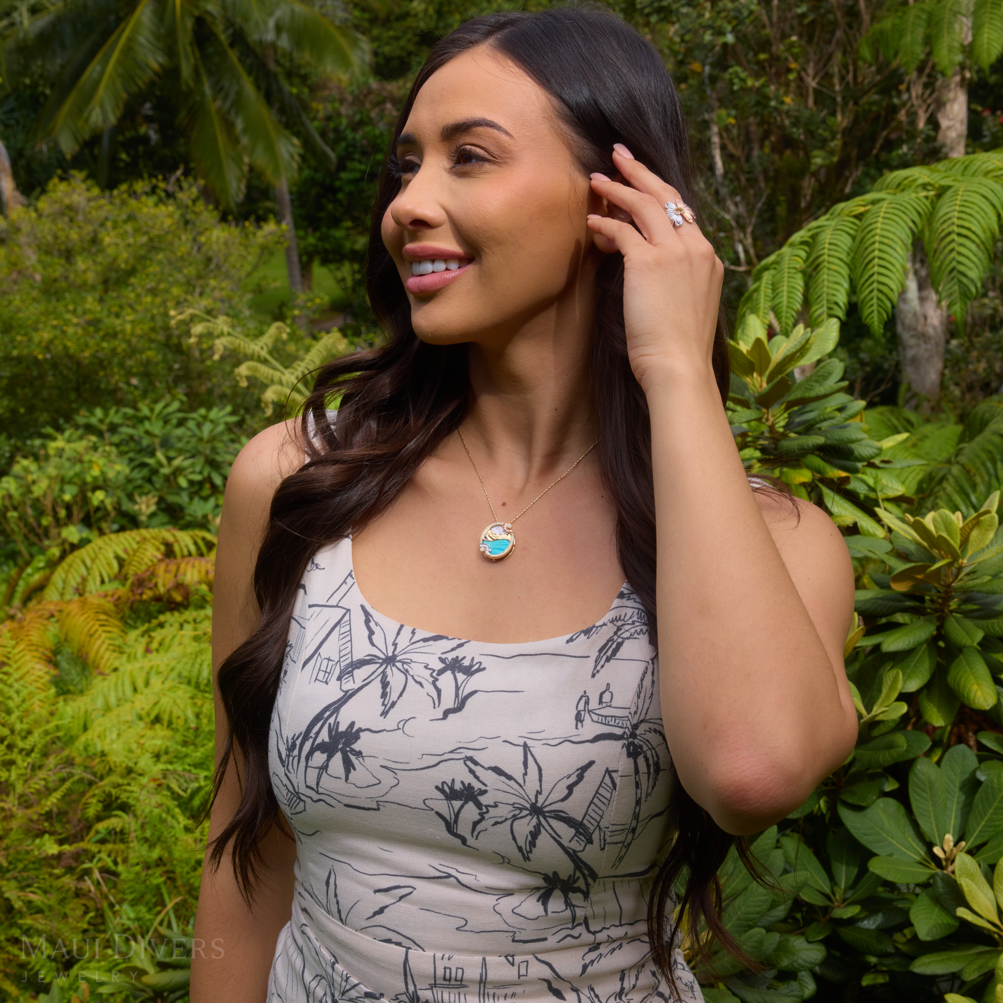 Beach & Mountain Naupaka Turquoise & Mother of Pearl Pendant in Tri Color Gold with Diamonds