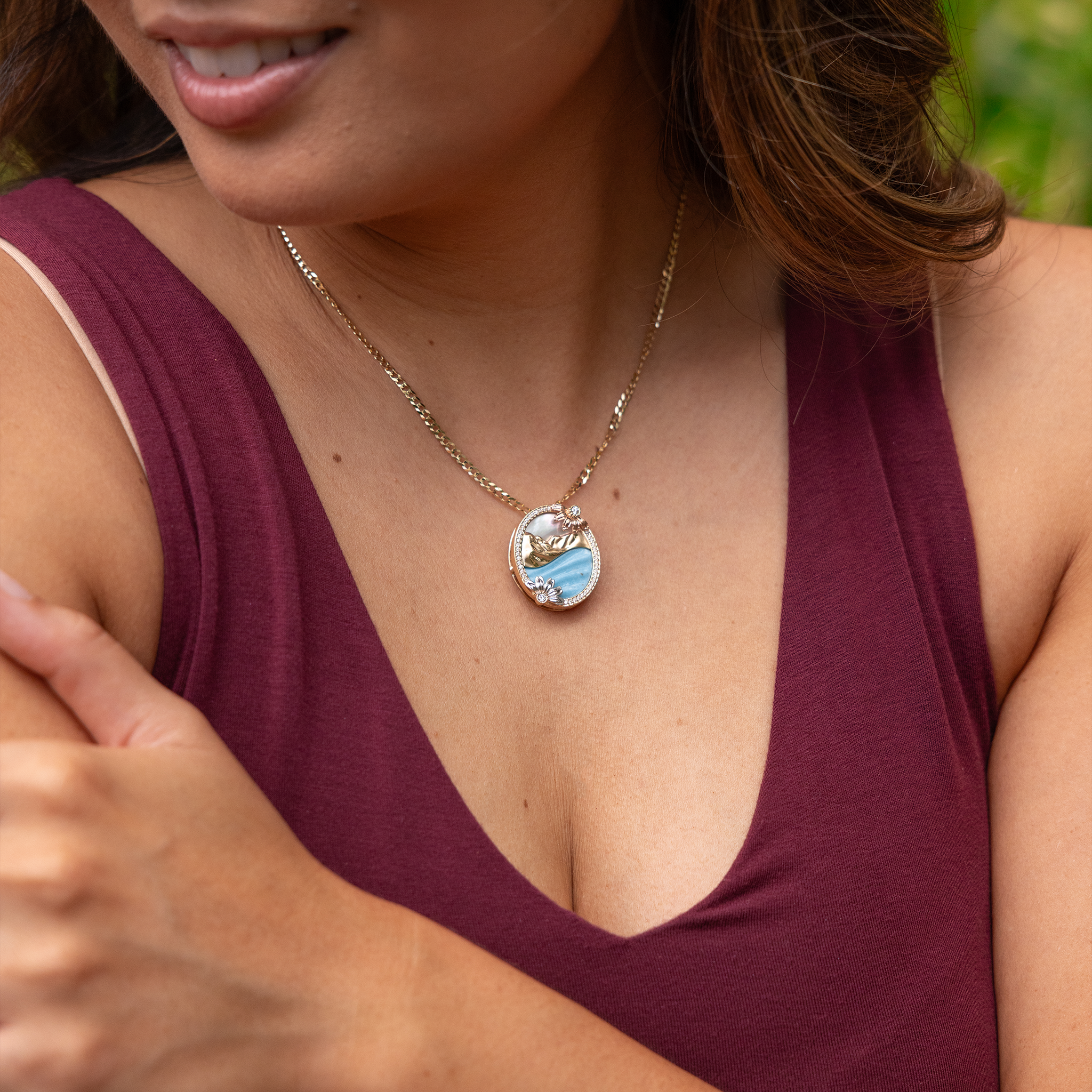 Beach & Mountain Naupaka Turquoise & Mother of Pearl Pendant in Tri Color Gold with Diamonds