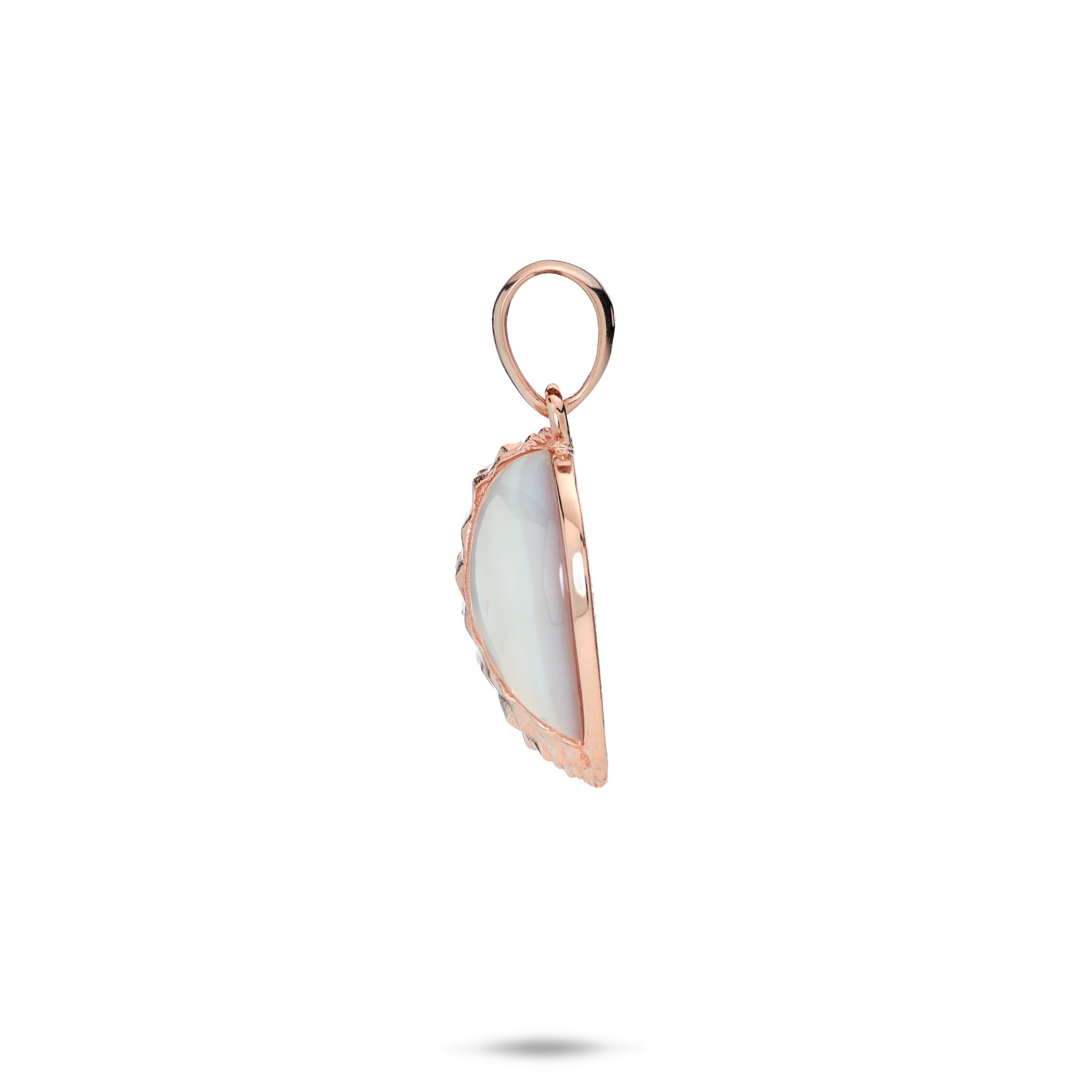 Side view of the Lychee Mother of Pearl Pendant in 14k Rose Gold on a White Background
