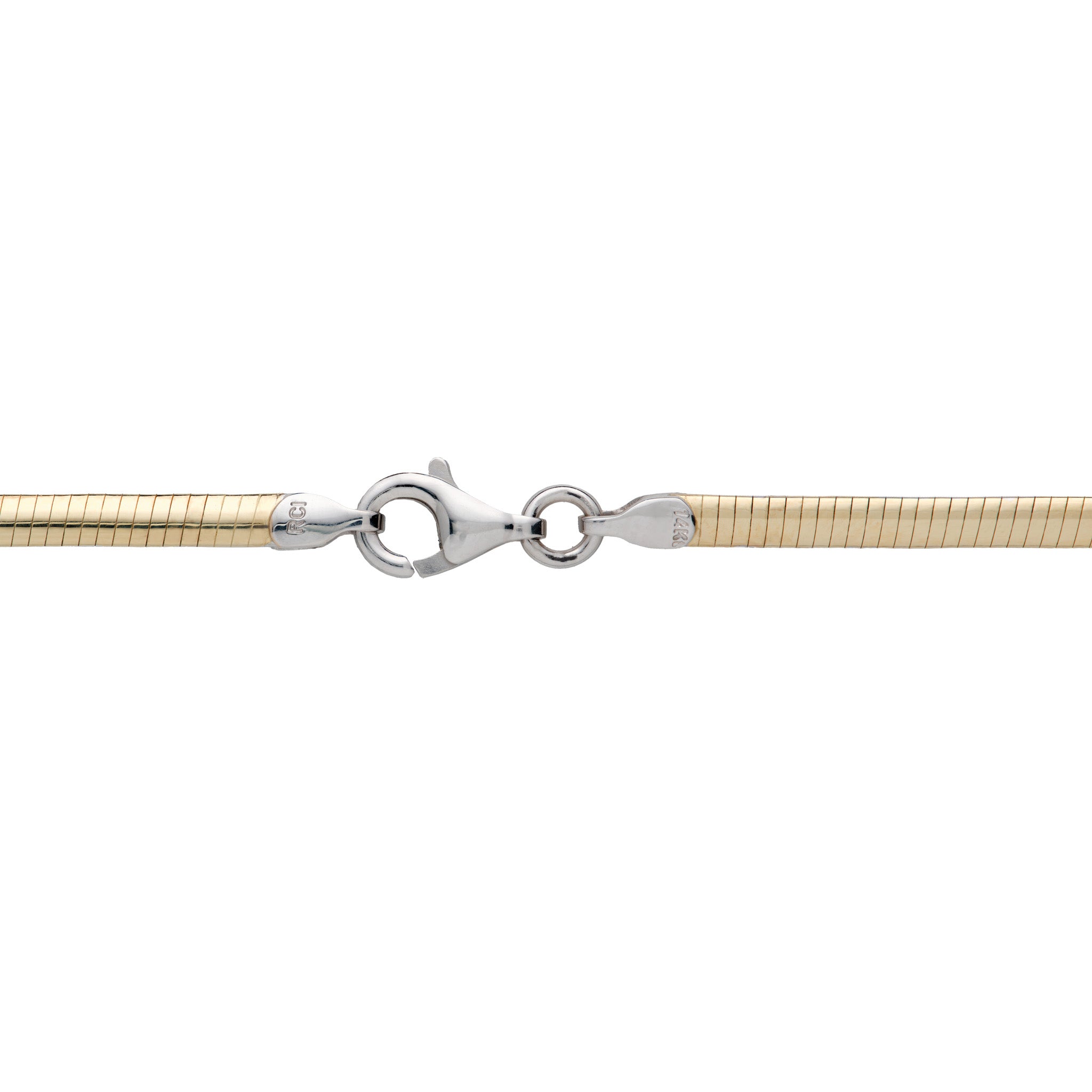 2.5mm Omega Chain in 14k Yellow Gold with a 14k White Gold Lobster Claw Clasp