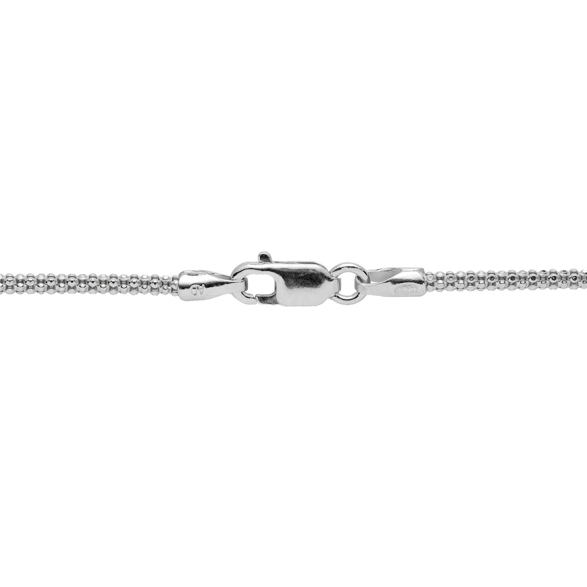 Close up of a 1.5mm Popcorn Chain in Sterling Silver with Lobster Claw Clasp on a white background