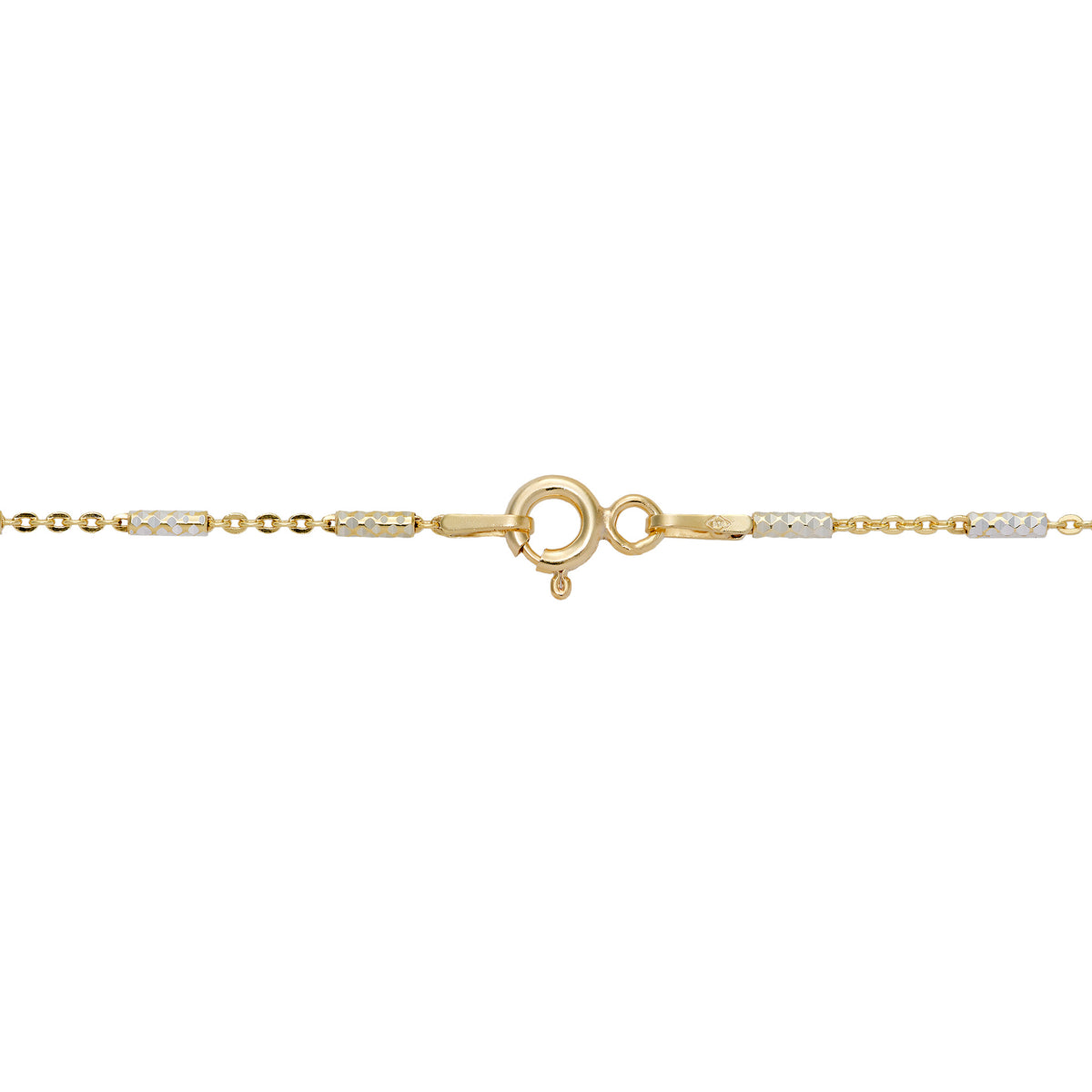 Close up of a 1.0mm Tube Chain in Yellow Gold and Sterling Silver with O-Ring Clasp on a white background