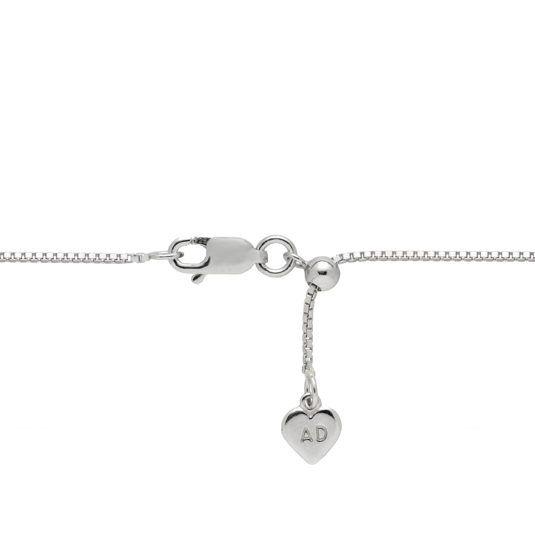 24" Adjustable 1.0mm Box Chain in Sterling Silver with Lobster Claw Clasp and Adjsutable Ball Mechanism with heart pull