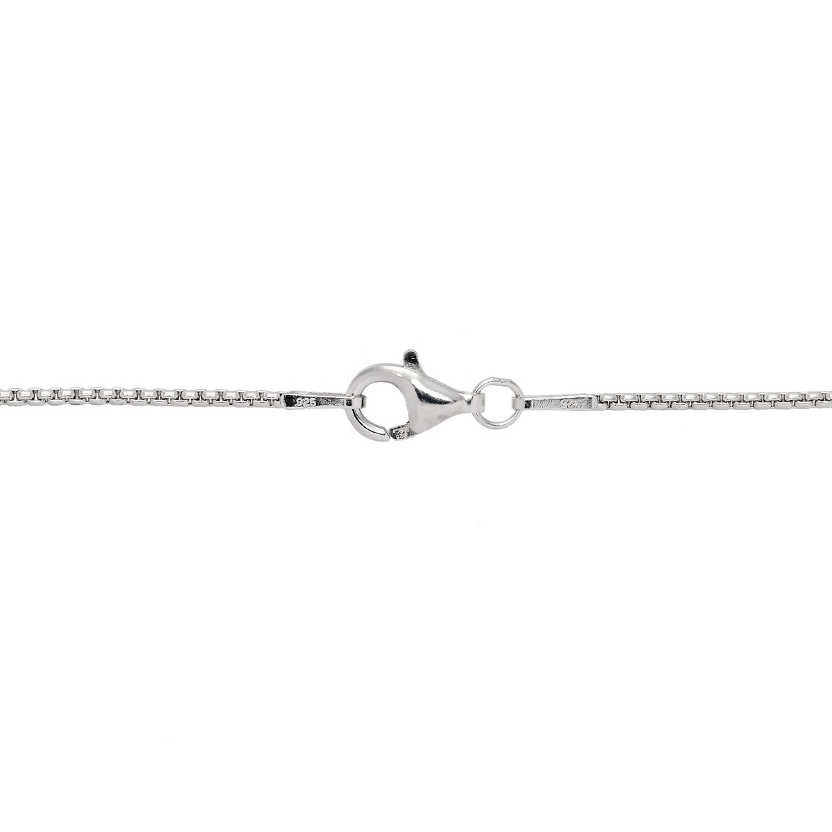 Close up of a 1.2mm Round Box Chain in Sterling Silver with Lobster Claw Clasp on a white background