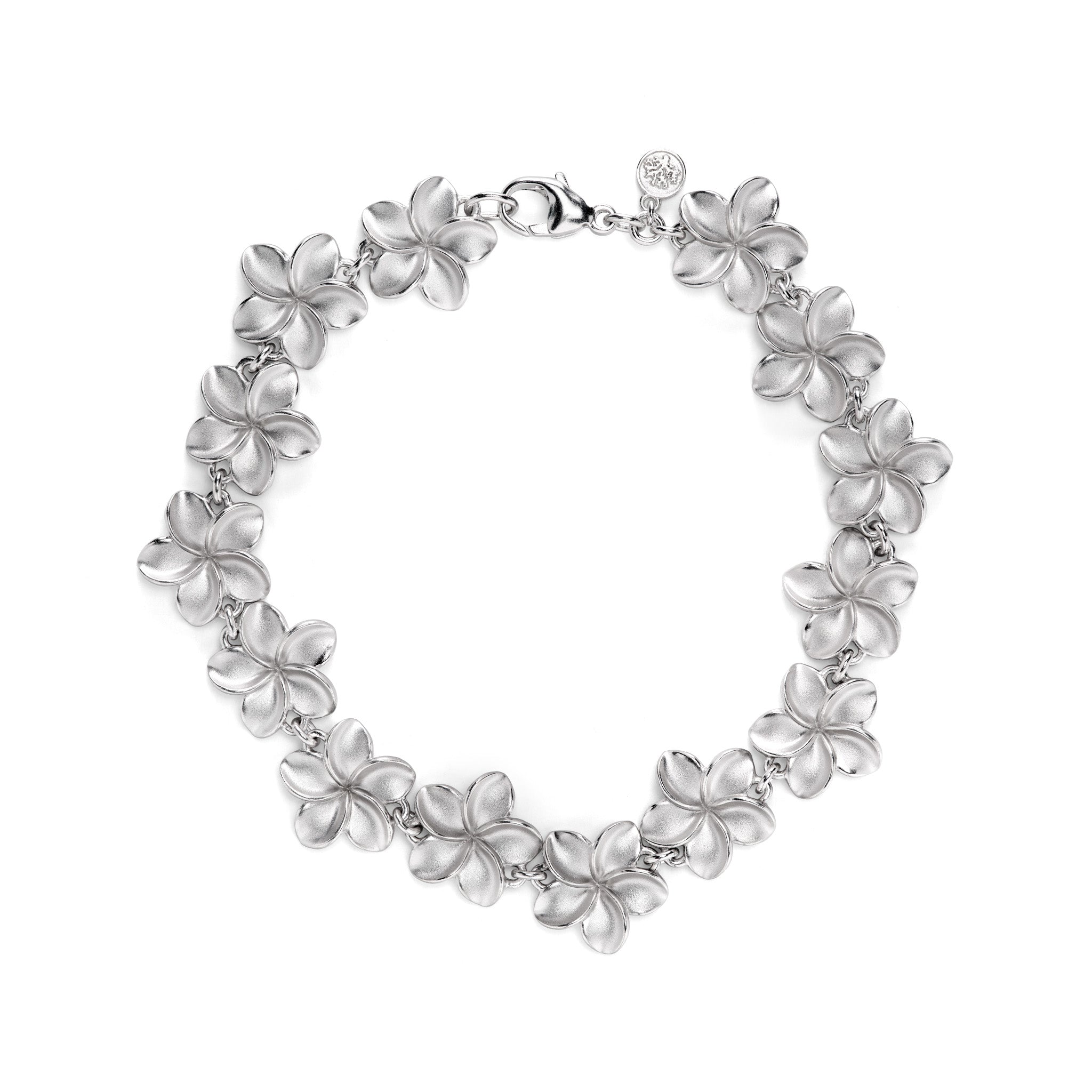 Overhead view of the 7.75-8" 13mm Plumeria Bracelet in Sterling Silver on a white background