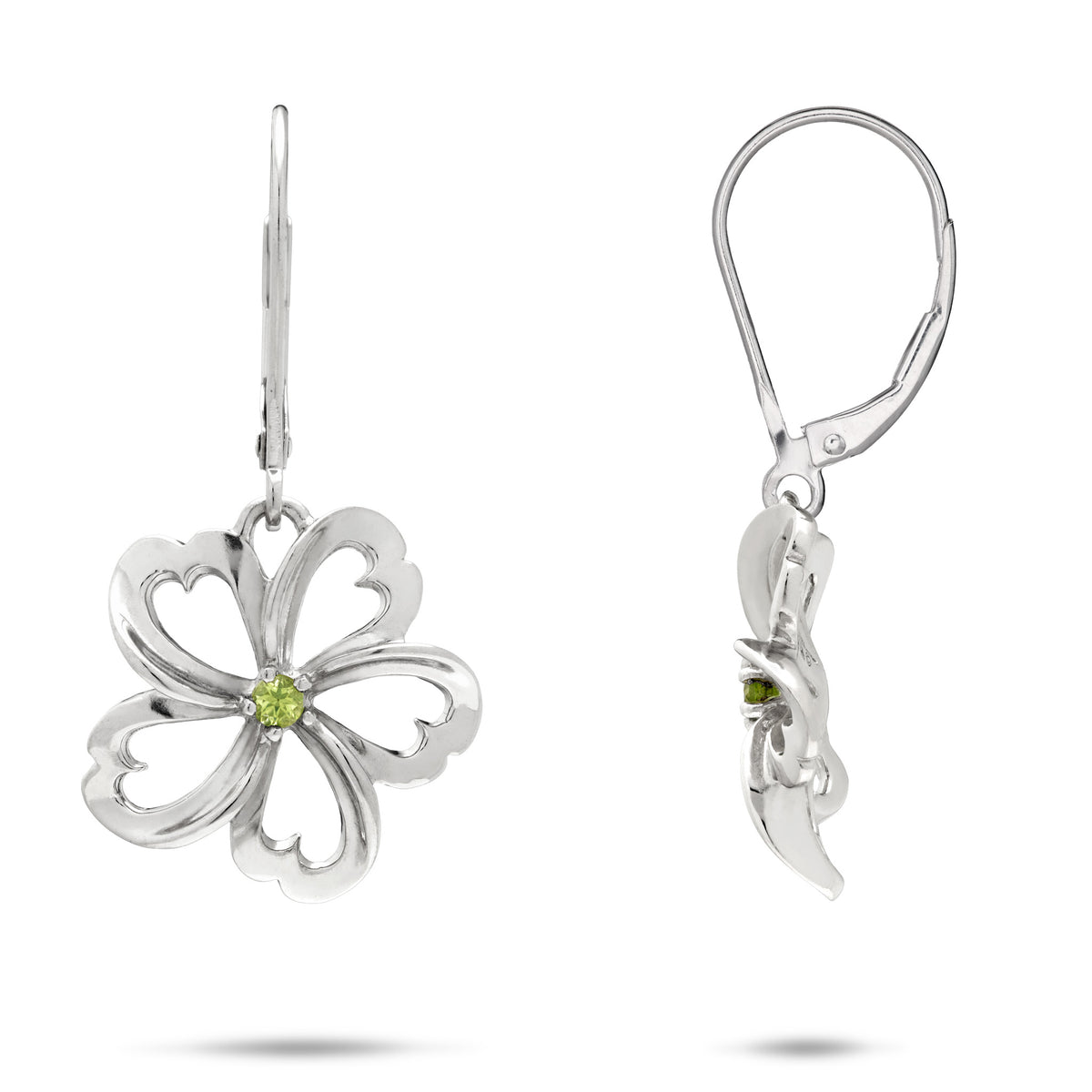 A pair of cut out style plumeria flower leverback earrings in sterling silver, centered with a green peridot gemstone, one showing the front view and the other showing the side view, placed on a white background