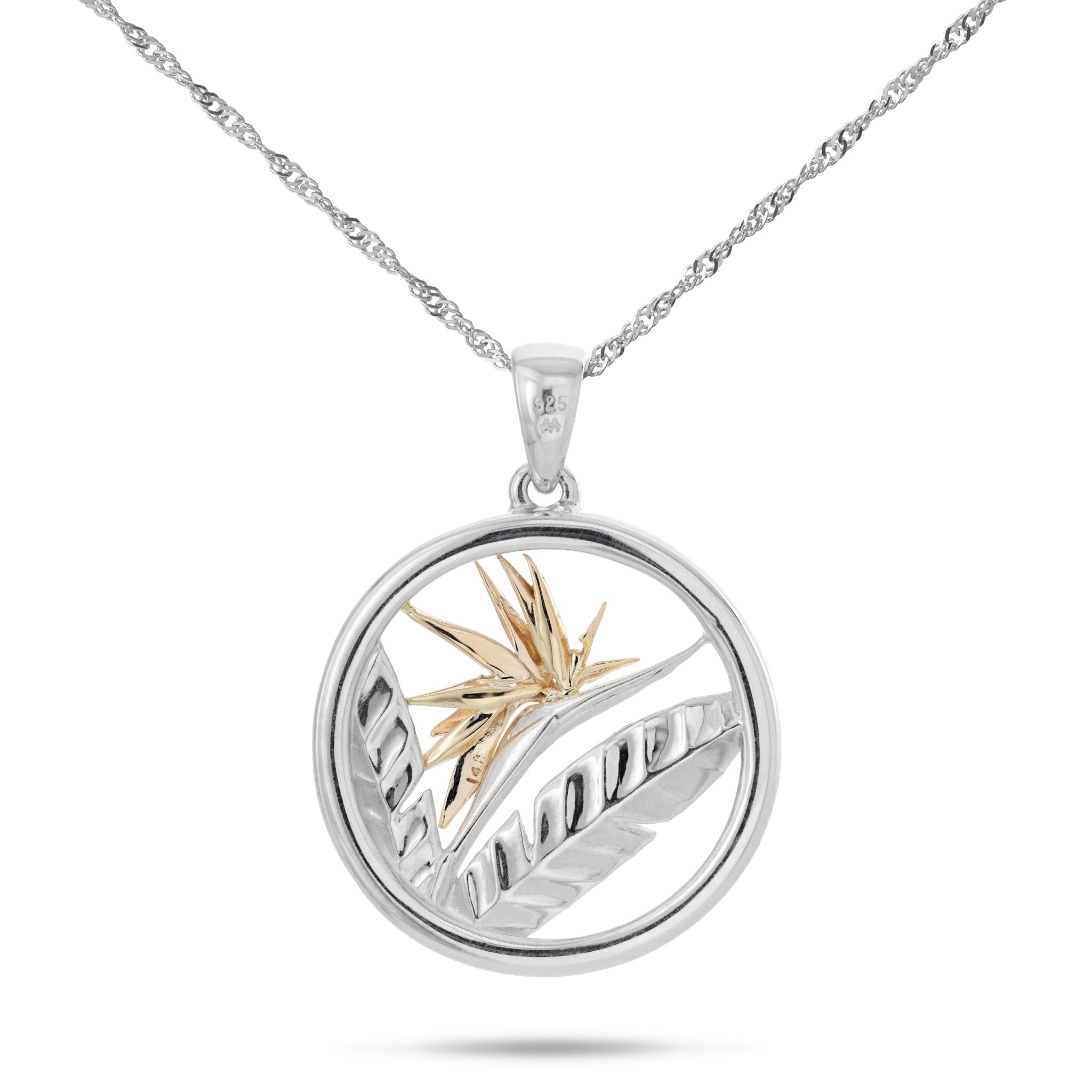 Back side of the 22mm Birds of Paradise Pendant Necklace in Sterling Silver & Gold on a white background