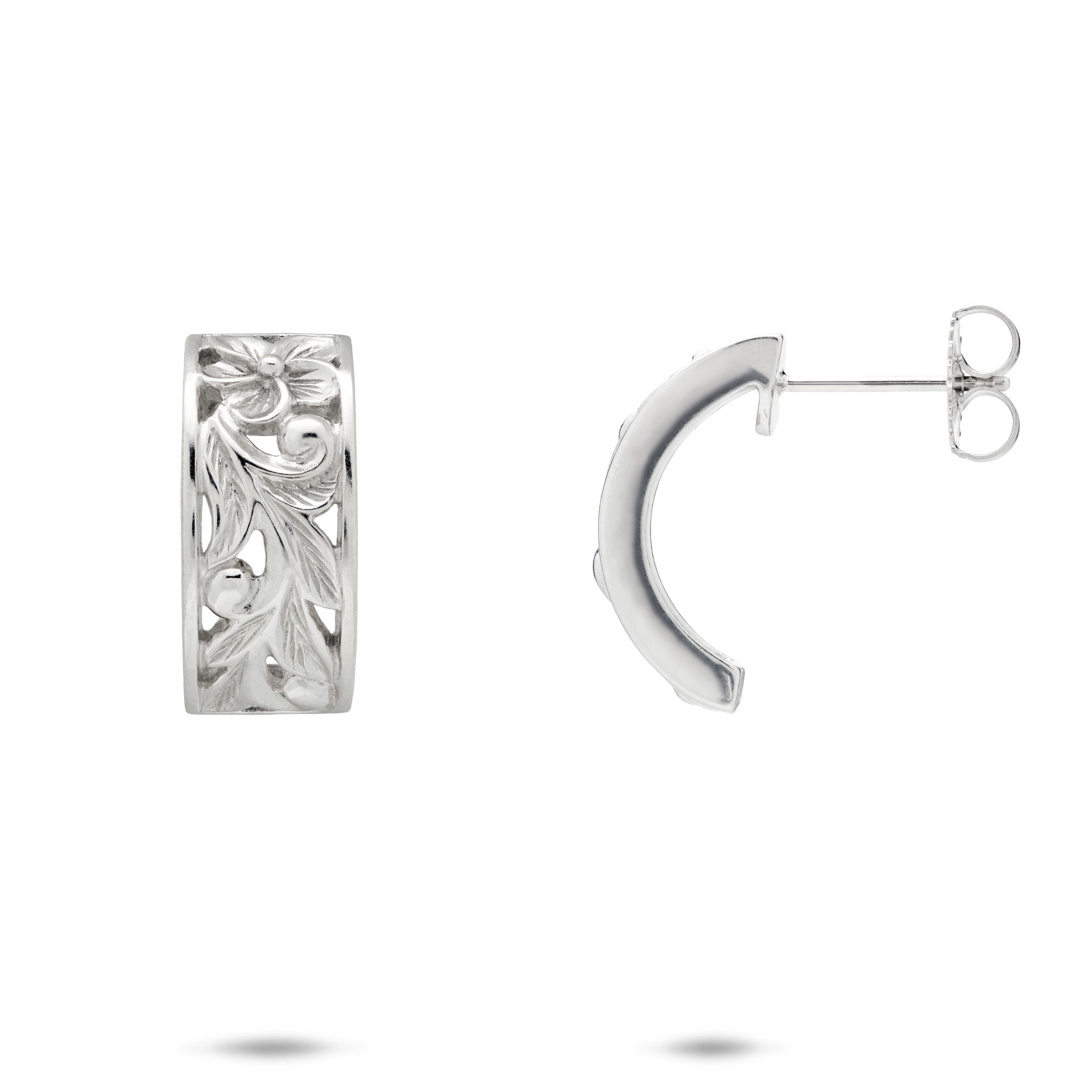 8mm Hawaiian Heirloom Plumeria Scroll Hoop Earrings in Sterling Silver on a white background