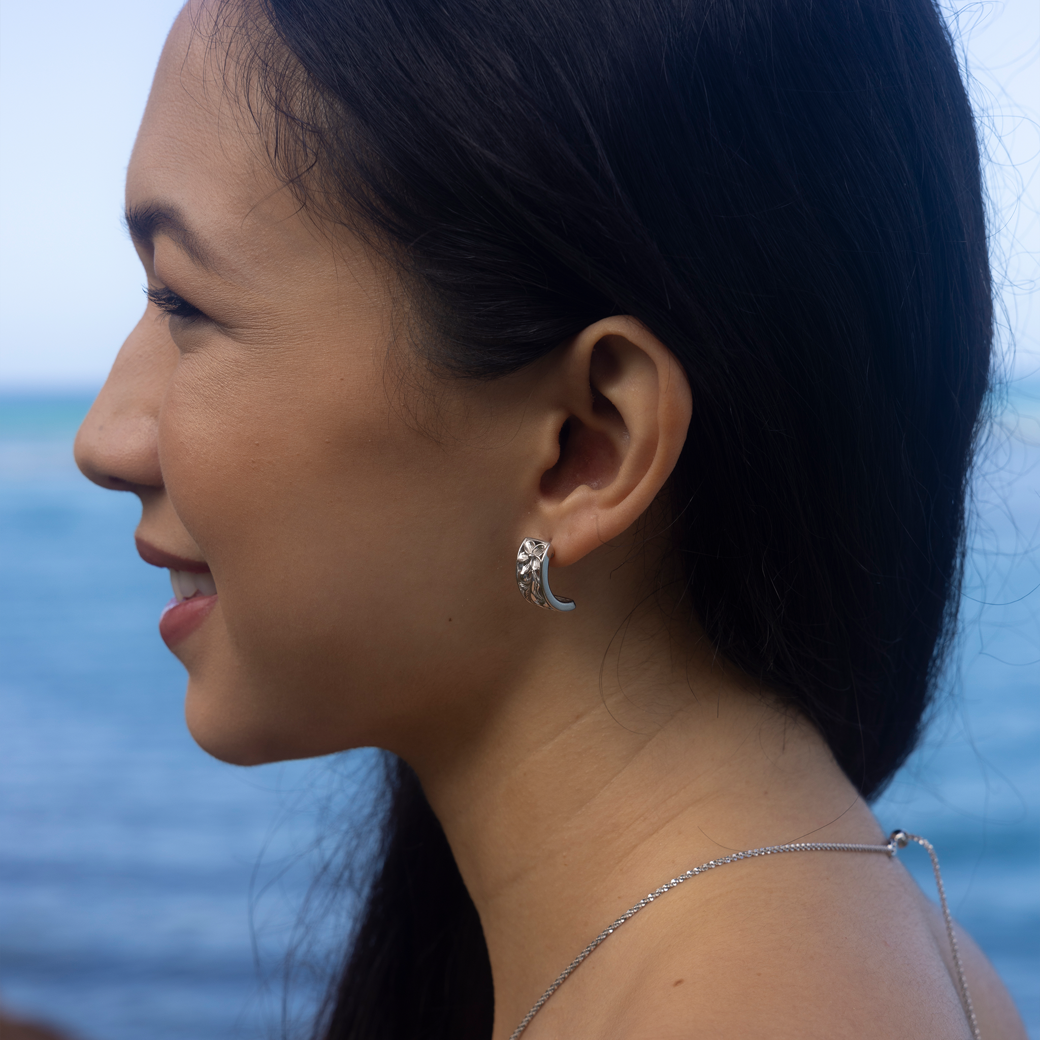 Hawaiian Heirloom Plumeria Scroll Hoop Earrings in Sterling Silver - 8mm