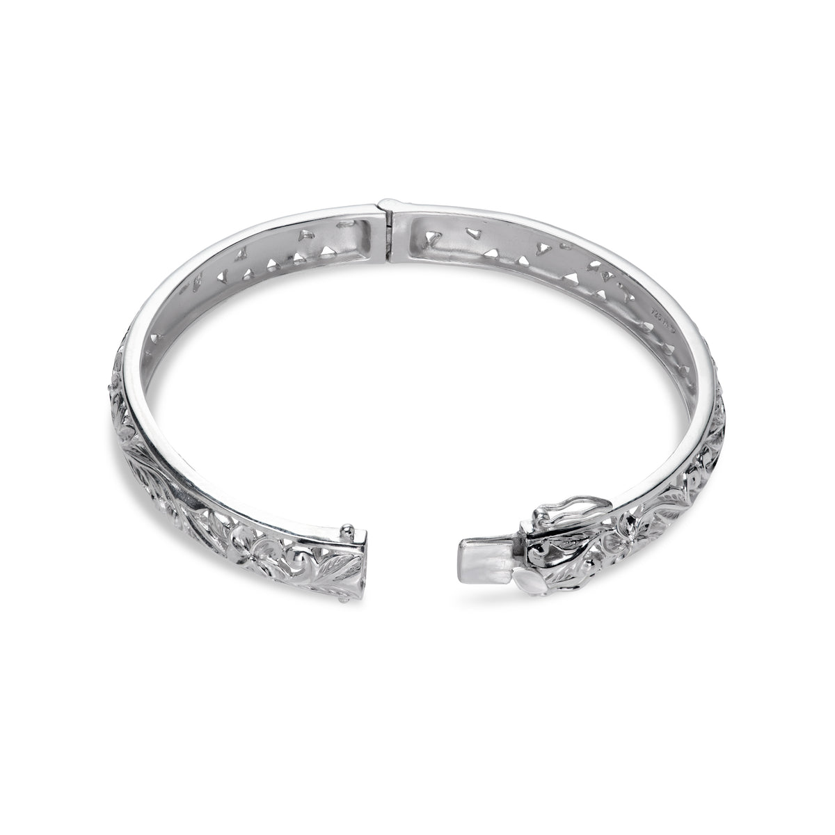 Close up of opened hinge on the Hawaiian Heirloom Plumeria Bracelet in Sterling Silver on a white background