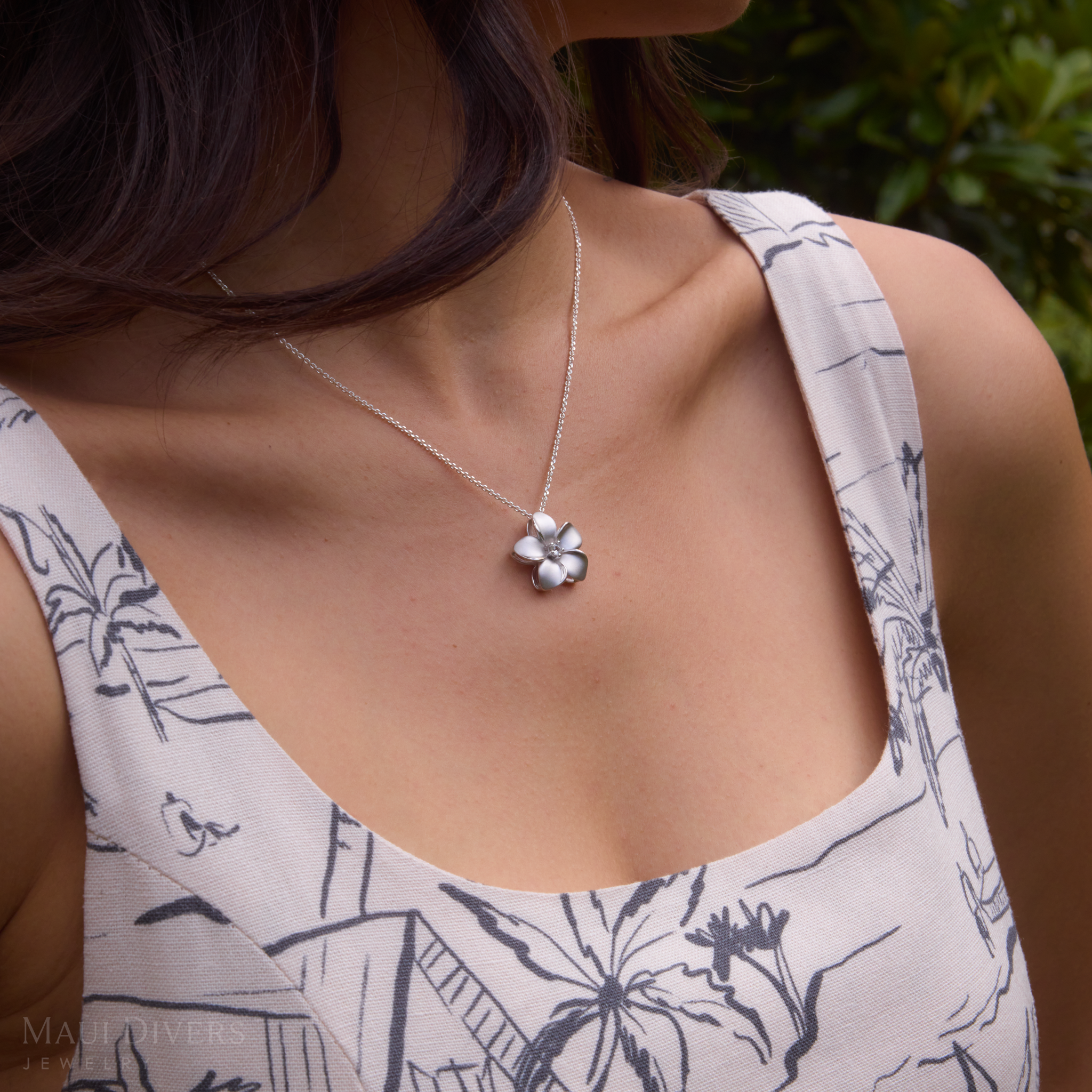 24" Adjustable Plumeria White Sapphire Necklace in Sterling Silver - 20mm