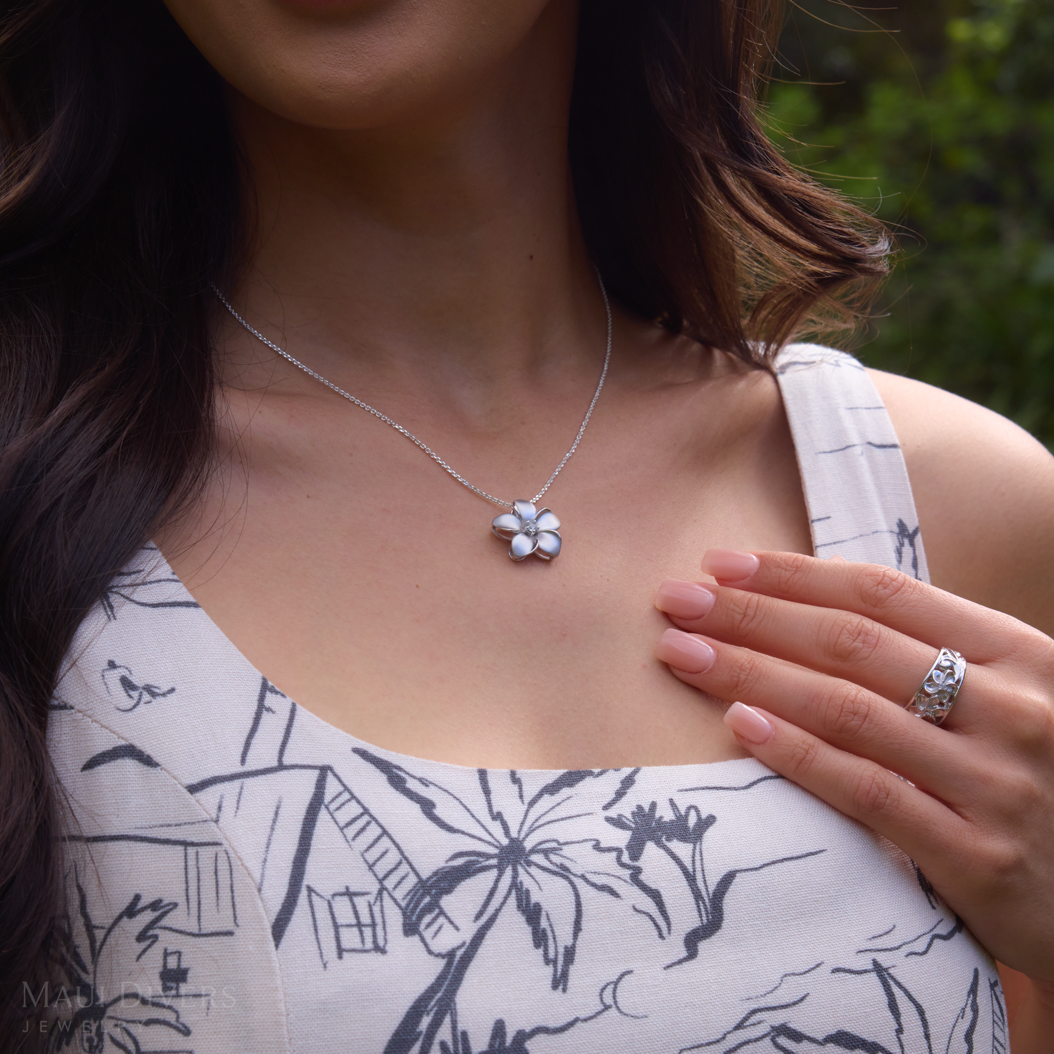 24" Adjustable Plumeria White Sapphire Necklace in Sterling Silver - 20mm