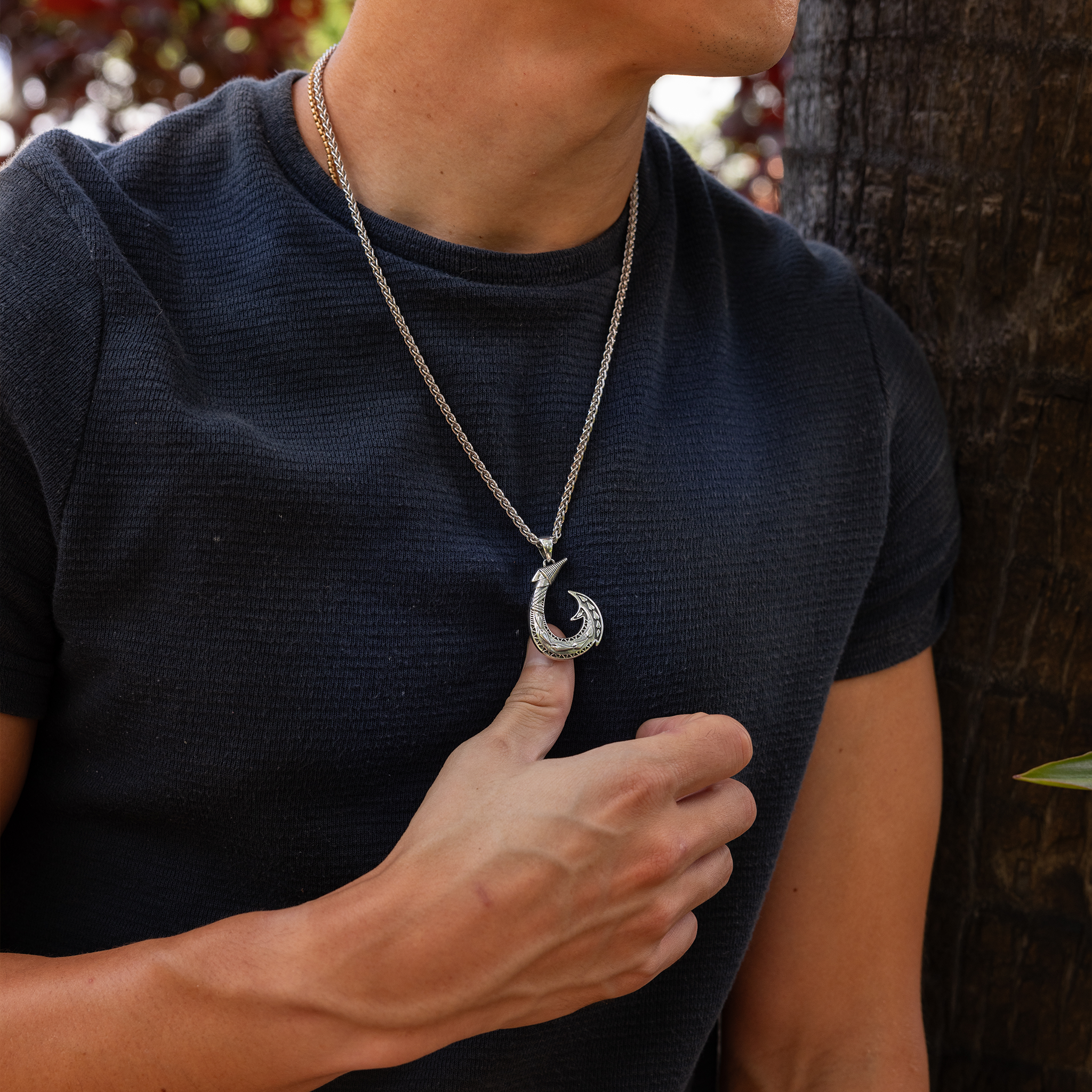 Fish Hook Pendant in Sterling Silver - 40mm