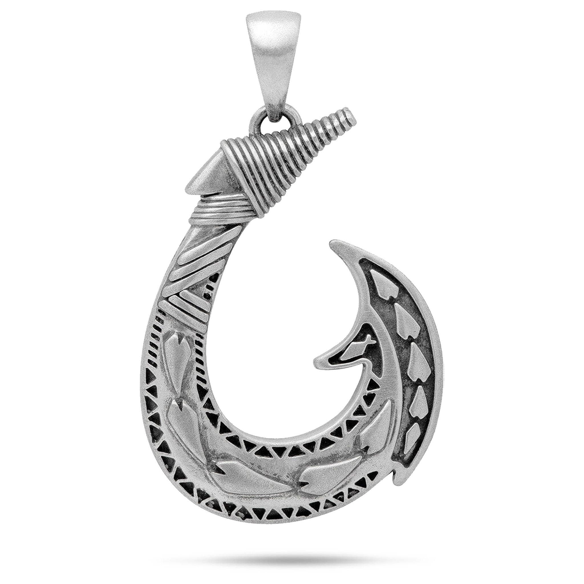 40mm Fish Hook Pendant in Sterling Silver with tribal designs on a white background