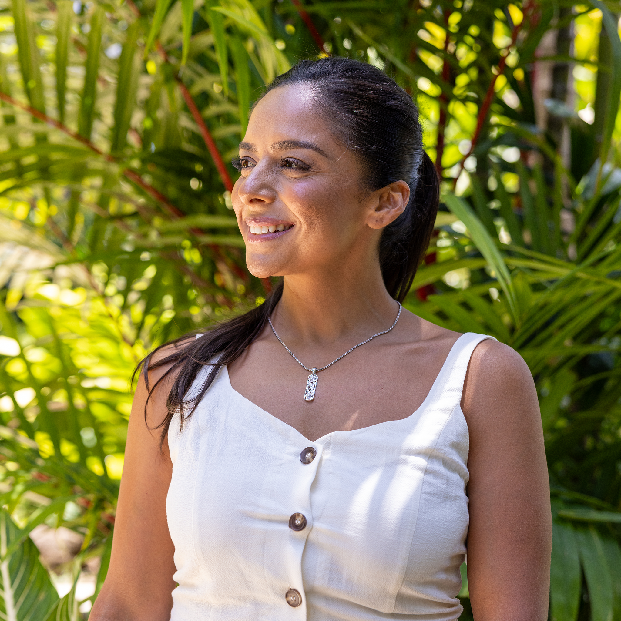Hawaiian Heirloom Plumeria Pendant in Sterling Silver with White Sapphire - 32mm