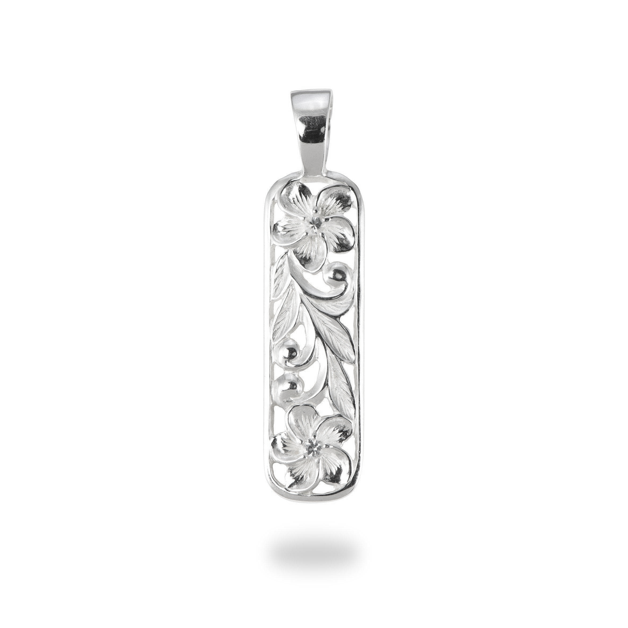 Hawaiian Heirloom Plumeria Pendant in Sterling Silver with White Sapphire - 41mm