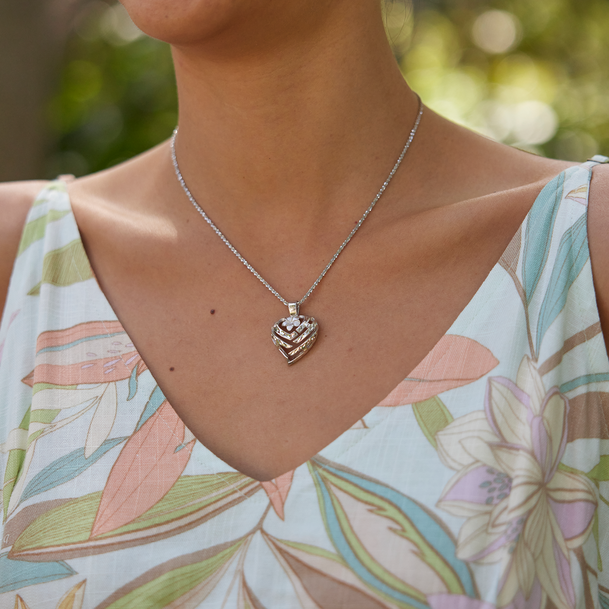 Aloha Heart Plumeria Pendant in Sterling Silver - 21mm