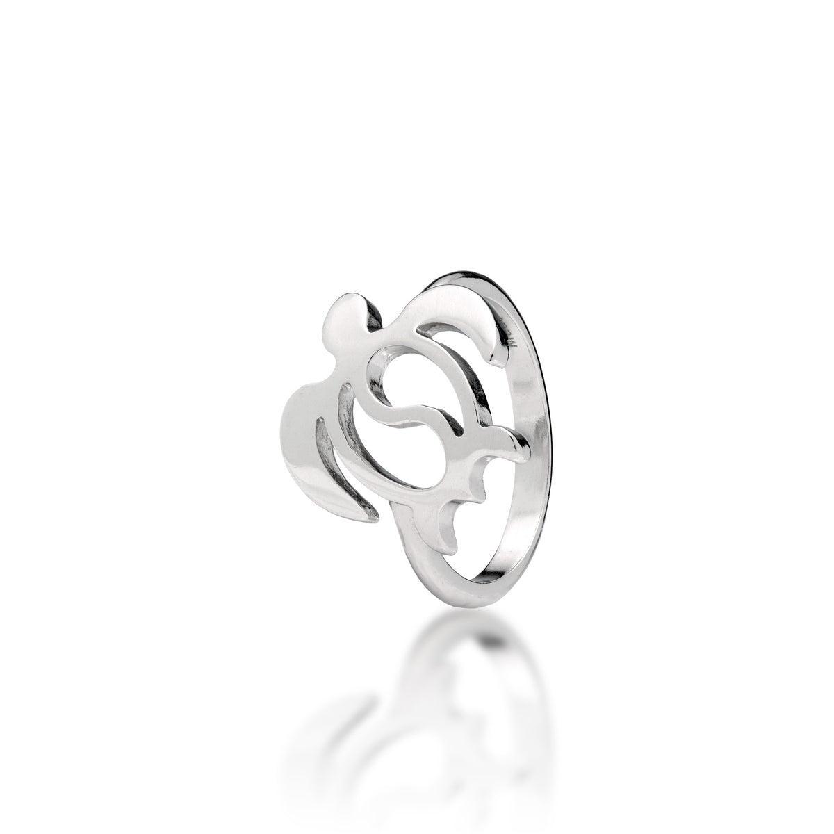 A sterling silver sea turtle ring with a simple petroglyph style design and cut-out center with a yin yang design as the shell, shown on a white background