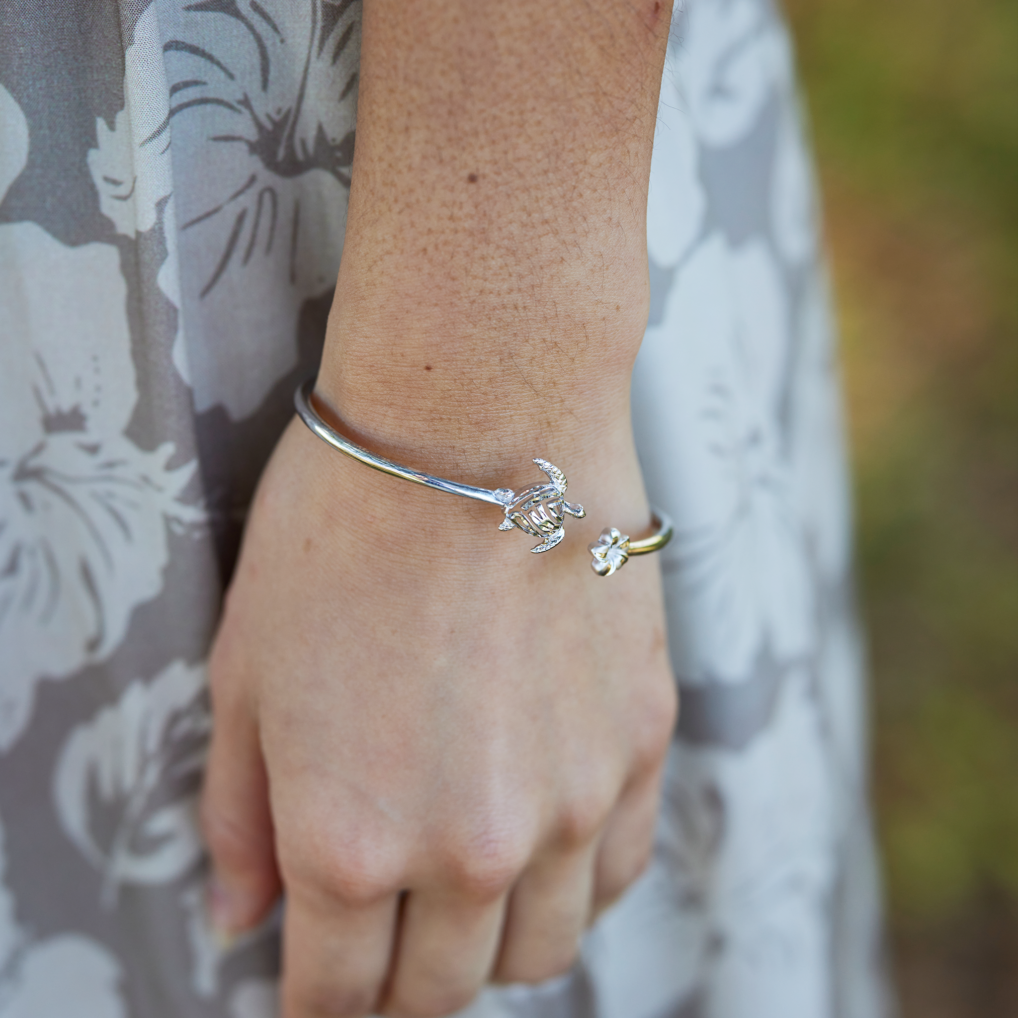 Honu and Plumeria Bracelet in Sterling Silver
