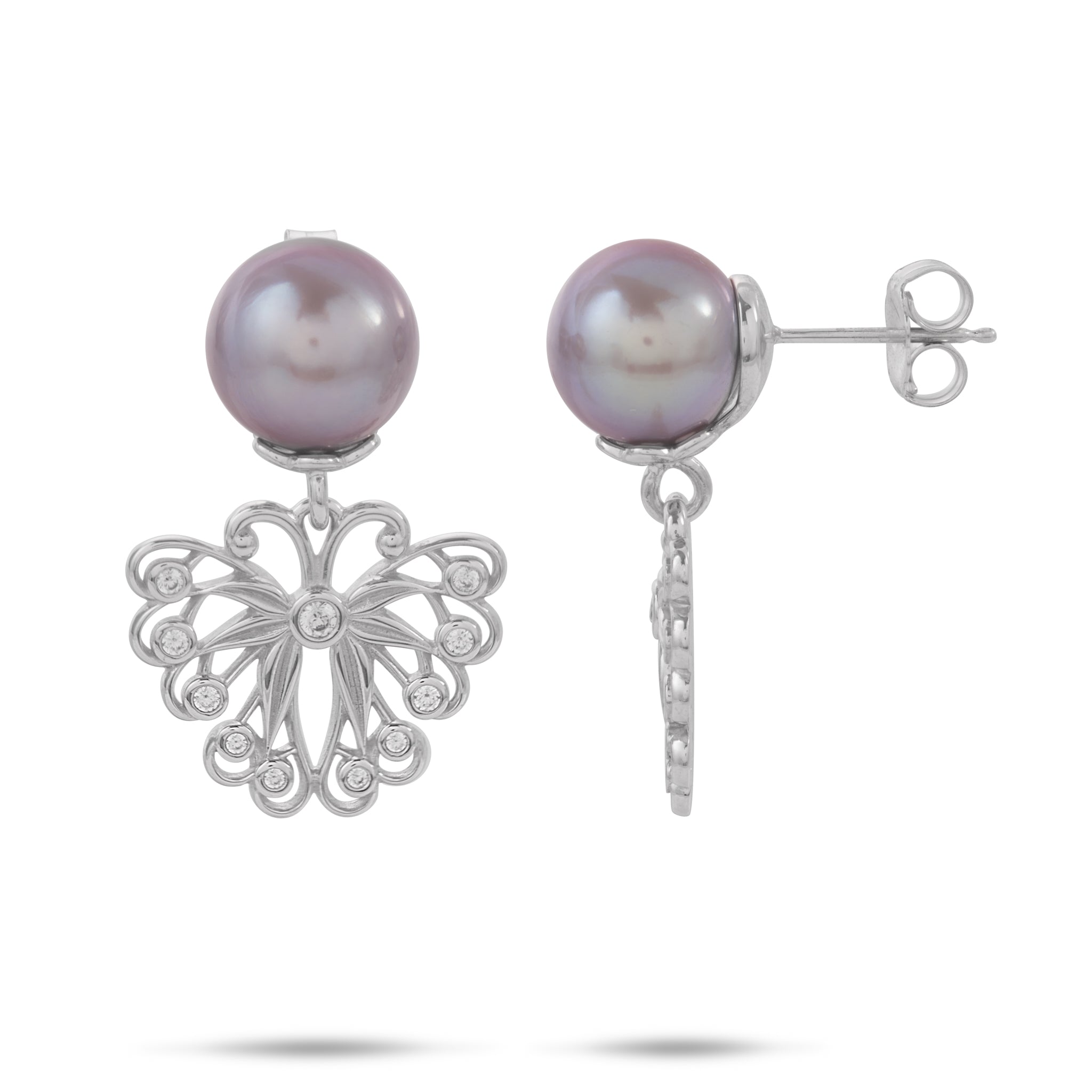 Pulelehua (Butterfly) Freshwater Pearl Earrings in Sterling Silver with Cubic Zirconia - 9-10mm