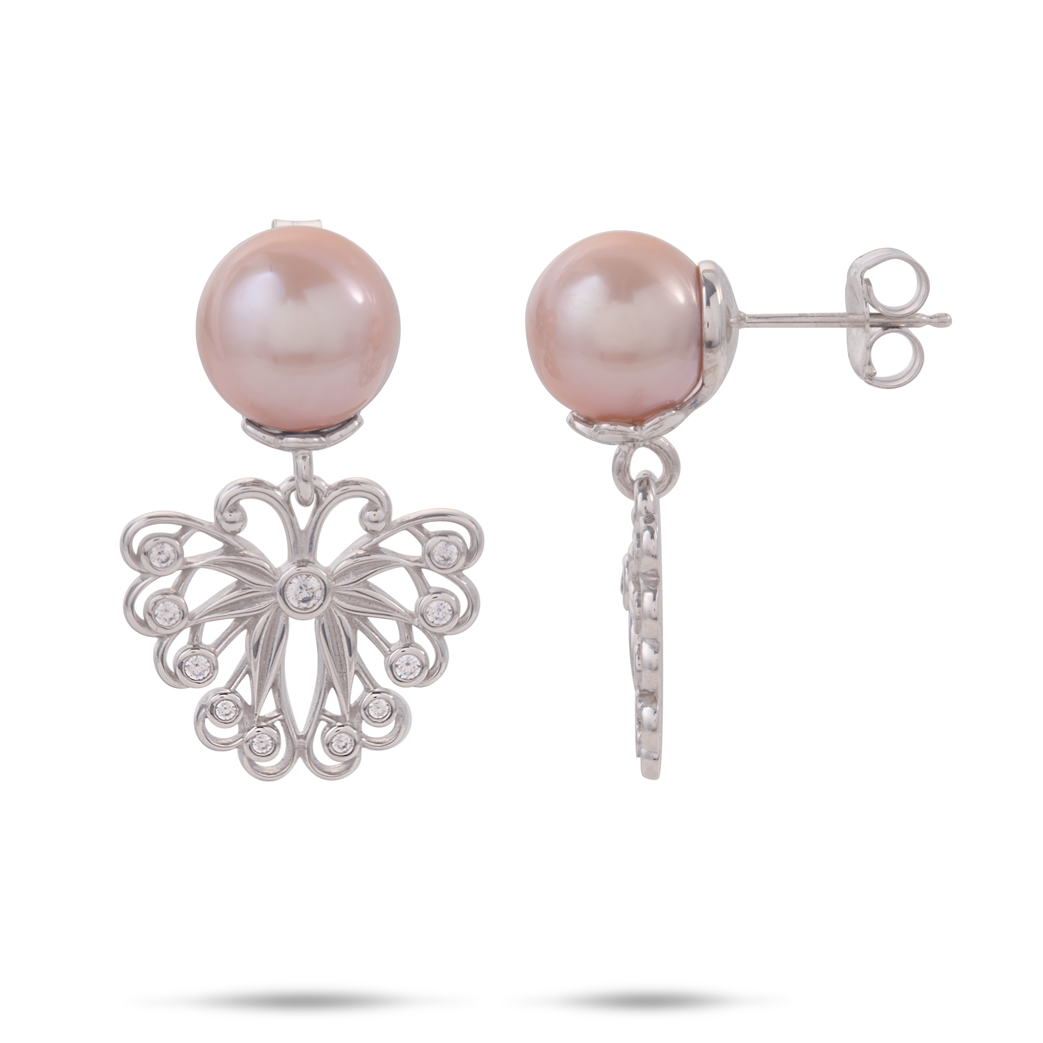 Pulelehua (Butterfly) Freshwater Pearl Earrings in Sterling Silver with Cubic Zirconia - 9-10mm