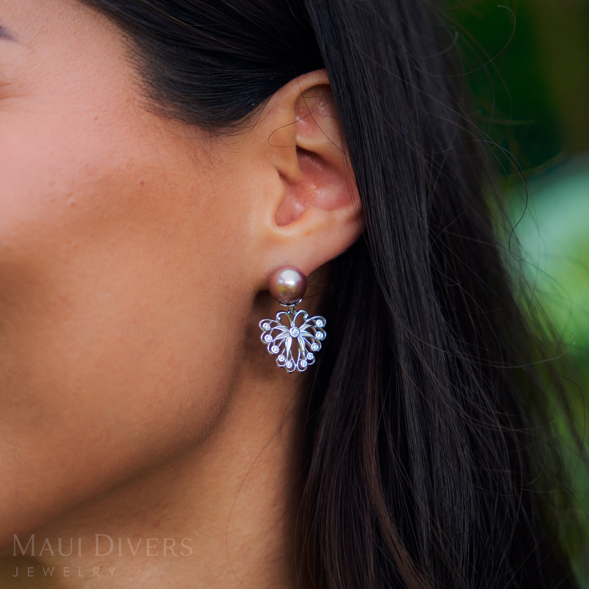 Pulelehua (Butterfly) Freshwater Pearl Earrings in Sterling Silver with Cubic Zirconia - 9-10mm