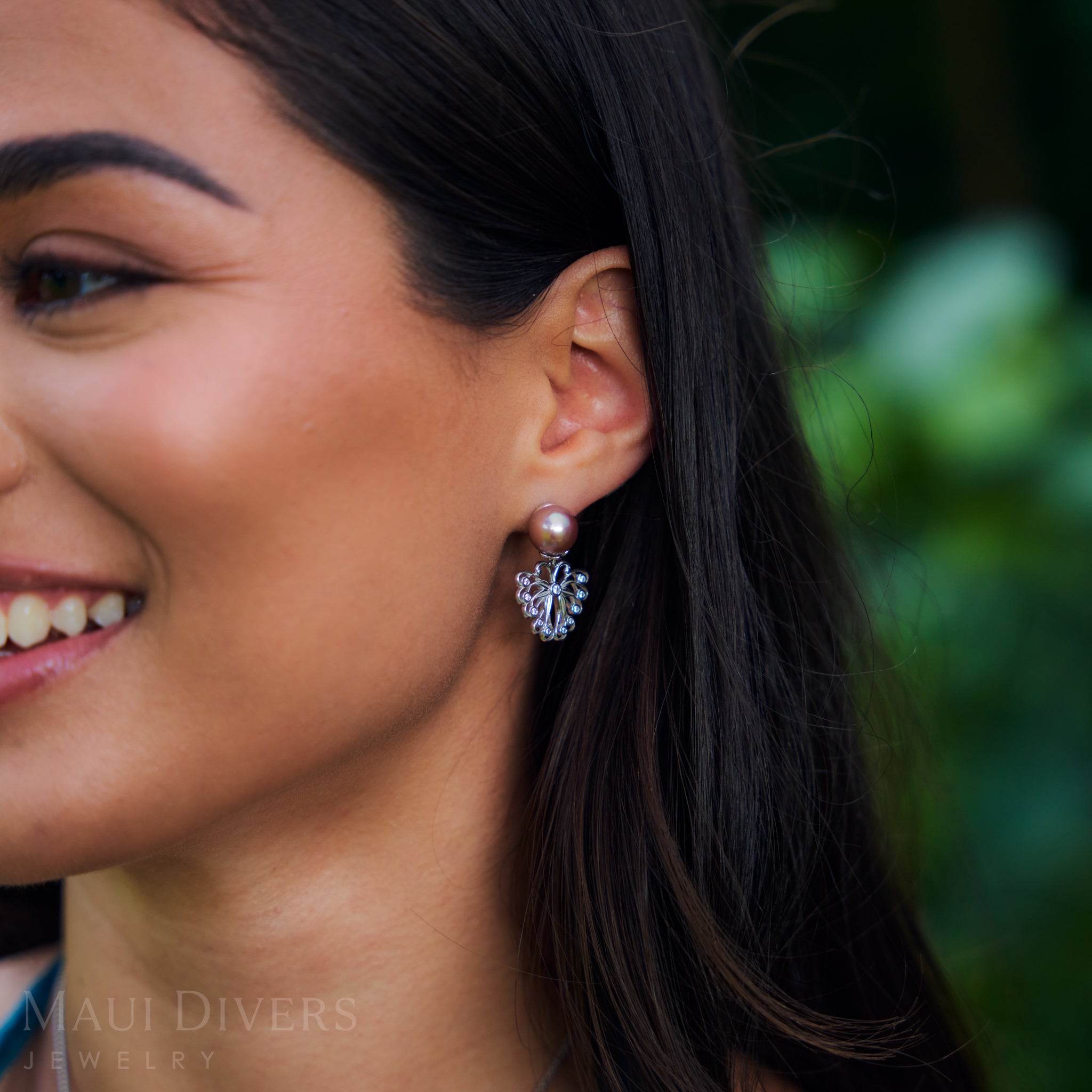 Pulelehua (Butterfly) Freshwater Pearl Earrings in Sterling Silver with Cubic Zirconia - 9-10mm